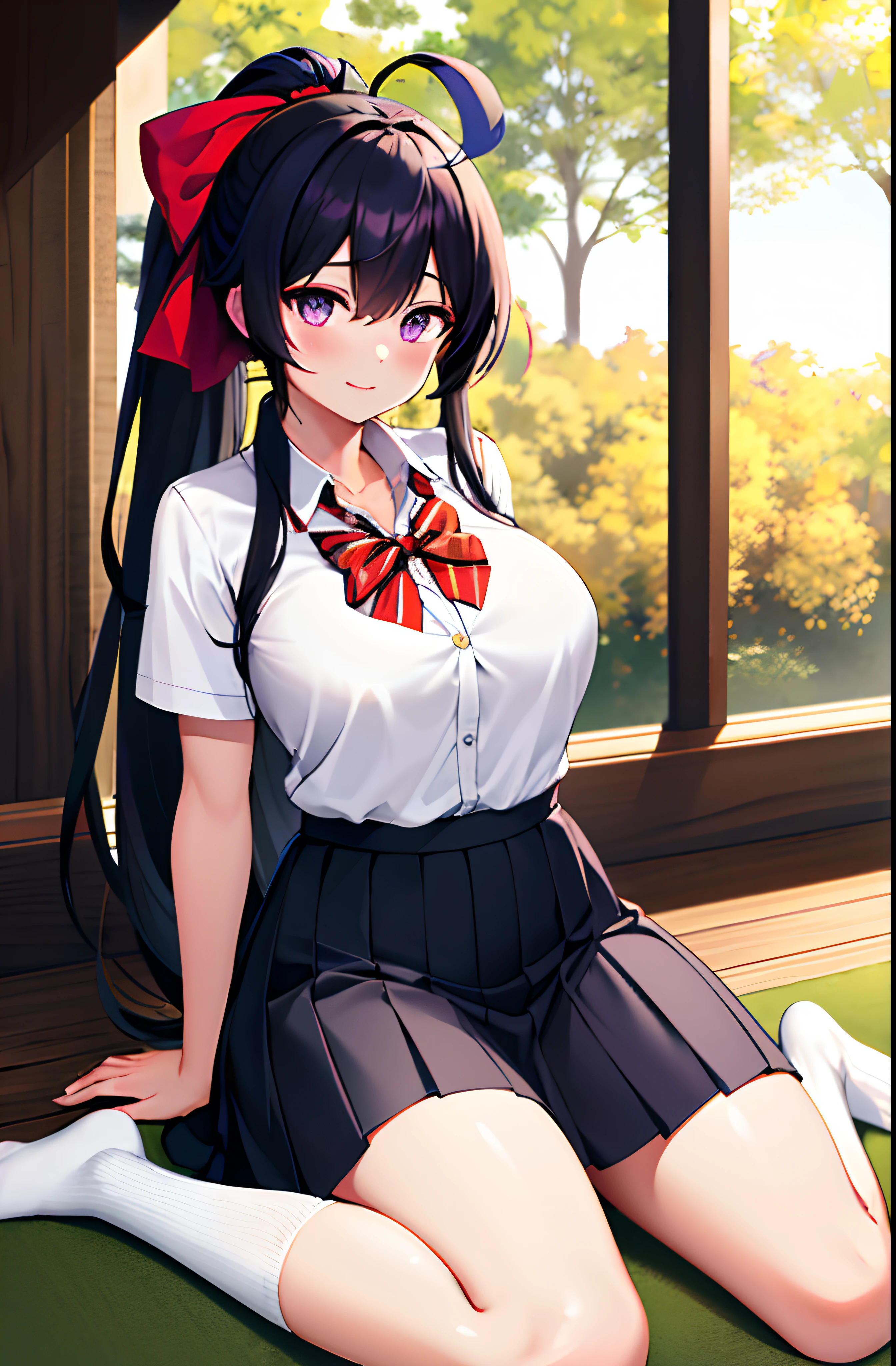 masterpiece, best quality, highres, best quality, highres, akeno himejima, 1girl, long hair, school uniform, black hair, ahoge, purple eyes, large breasts, very long hair, ponytail, orange head bow, breasts, skirt, huge ahoge, socks, stitting, outdoors, no shoes,