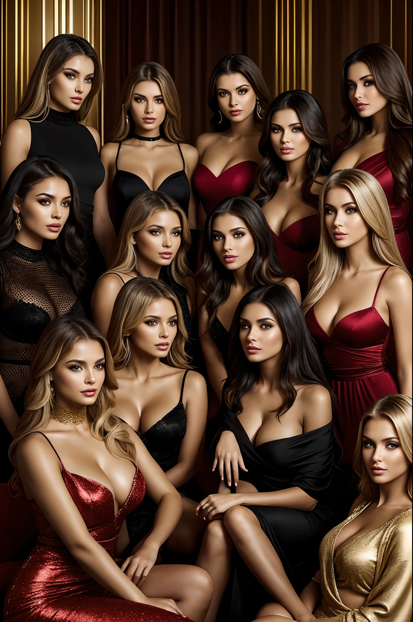 A group of women, each with their own distinct features and personalities, sitting in a amazin lighting room , their faces adorned with heavy makeup and their bodies draped in luxurious fabrics. women have black red and blond hair , women all of them are beautiful sexy women, russian woman ,arabian woman , asian woman , spanish woman , English woman , french woman