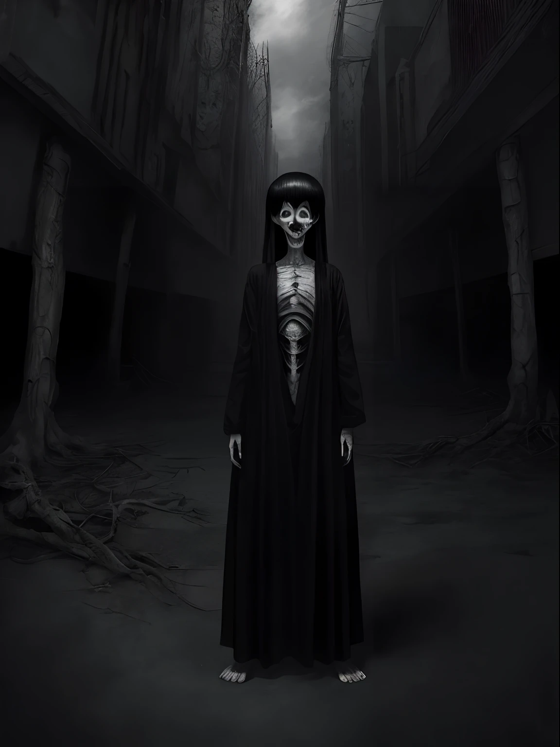 (Junji Ito:1.5), detailed black and white manga line art illustration of grotesque creepy girl, ((standing in street of warped surreal city)), ((warped surreal city in background)), ((full body shot)), dynamic pose, fractal art, scared, horrified, terrified, insane, creepy, unsettling, disturbing, body horror, (horror manga style), twisted, warped, psychological horror, grotesque, morbid, surreal, inspired by H.R.Giger