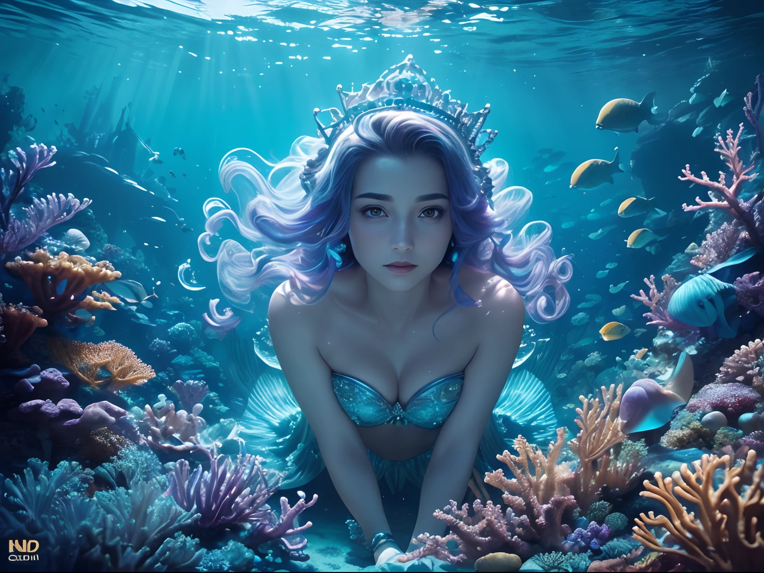 (Mysterious underwater kingdom,Light at the deep seabed,Colorful coral reefs and tropical fish,Sparkling jellyfish),(Gorgeous Castle:1.5),(mermaids:1.5,Exquisite facial features,perfect body figure),(Strong lighting and shadows,Beautiful depth of field,A variety of exotic sea creatures),(Film grain and render chromatic aberration,movie level special effects,Fine, Ultra-detailed, Highly realistic high-resolution imaging review)