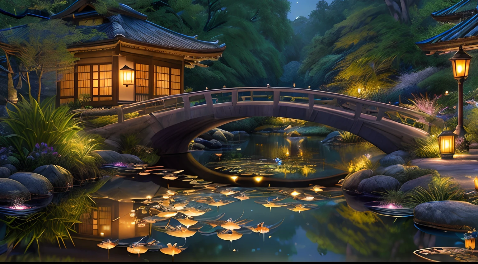 masterpiece, best quality, ultra-detailed, (Lily pond night, pond grass, Stone bridge with lanterns at night, white koi fish, midnight, beautiful night sky, starry night, galaxy, surreal scenery, 4k, 8k:1.2), shadows, contrast, clear sky, constellations, Milky Way, peaceful, serene, quiet, tranquil, remote, secluded, intuition, artistry, inspiration, beauty, awe, wonder, gratitude, appreciation, relaxation, enjoyment, rejuvenation, mindfulness, awareness, connection, harmony, balance, texture, detail, realism, depth, perspective, composition, color, light, shadow, reflection, refraction, tone, contrast, nature, mangroves