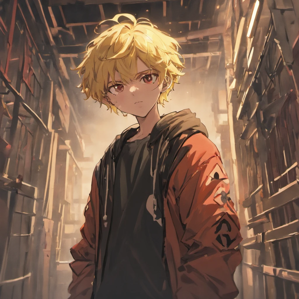 Um garoto ((cabelo cacheado)) ((loiro)), em roupas largas e street style ((roupas urbanas)), Blond boy is crouched in a dark room (pessoas pobres) And all around you are grotesque demons (chifres do diabo:1.2) ((Camera focus on curly blond boy)), atmosfera de terror, dia das bruxas, macabro, darkeness, atmosfera roxo e preto