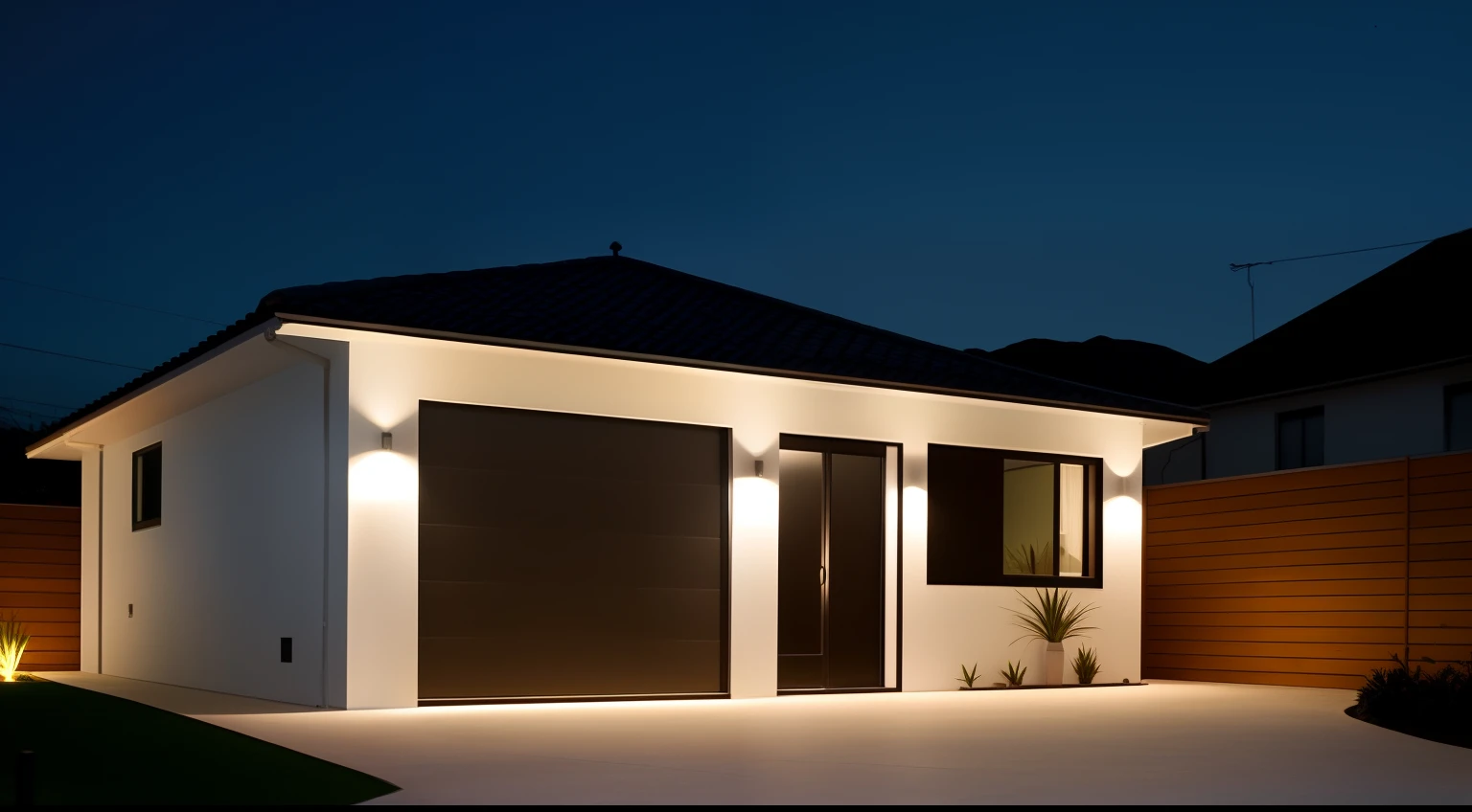Vista Nordeste Sudoeste,casa pequena, ((Estilo moderno)), garagem, porta, janela e um gramado verde,jardim embaixo da janela, Modern setting, Obra-prima premiada, crisp smooth clean lines, Minimalismo elegante, majestosa obra-prima, renderizado, iluminado, night ligthning, Design moderno, Detalhe poderoso, outside lighting, Obra-prima premiada, night time render, Ultra moderno, night time, Night lighting, crisp smooth lines, Estilo moderno, Linhas deslumbrantes