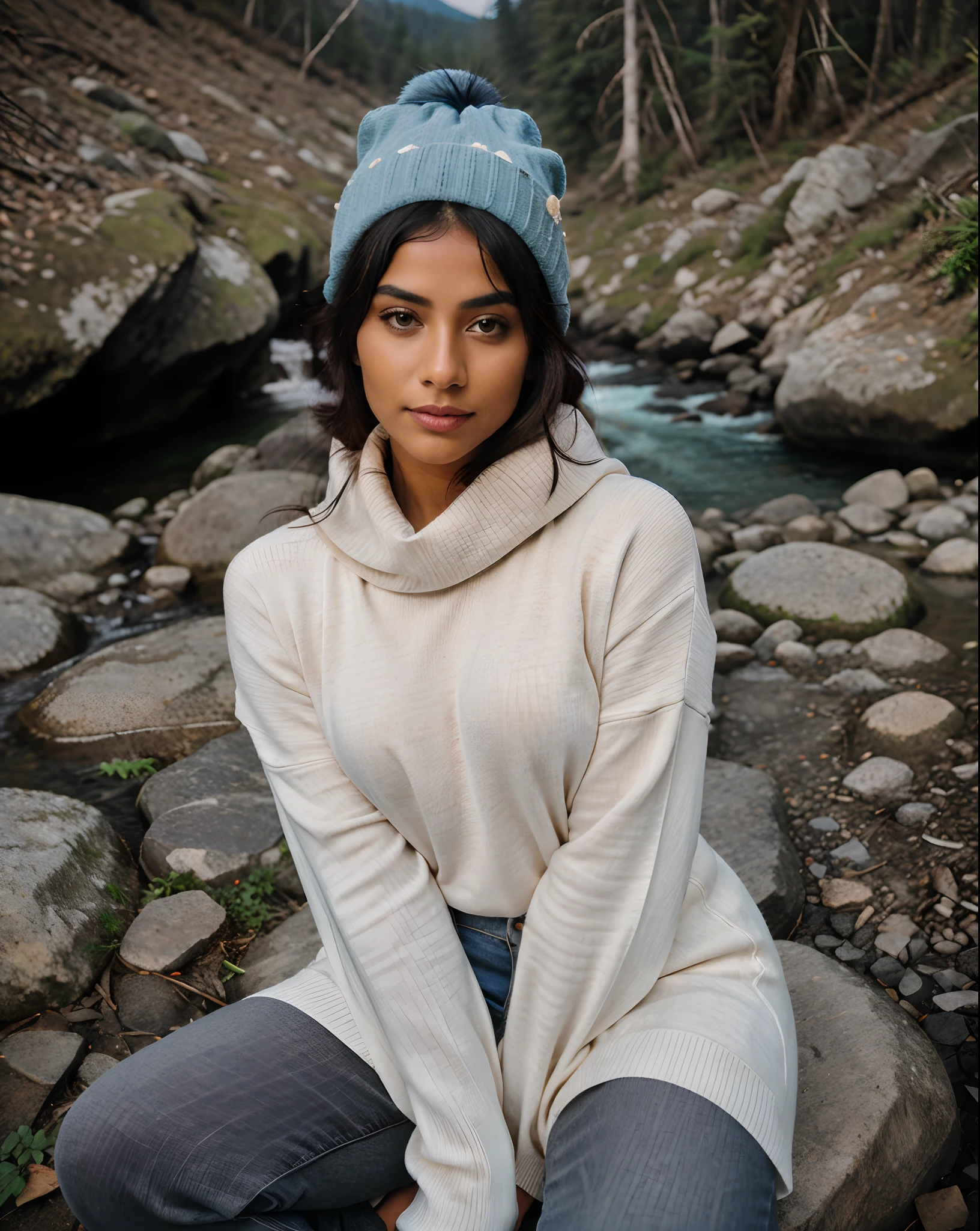 Kerala India women fashion photography, photorealistic, best quality, hyper detailed, beautiful woman, selfie photo, upper body, solo, wearing pullover, outdoors, (night), mountains, real life nature, stars, moon, (cheerful, happy), sleeping bag, gloves, sweater, beanie, flashlight, forest, rocks, river, wood, smoke, fog, clear sky, analog style, looking at viewer, skin texture, film grain, close up, ultra high res, best shadow, RAW, instagram LUT