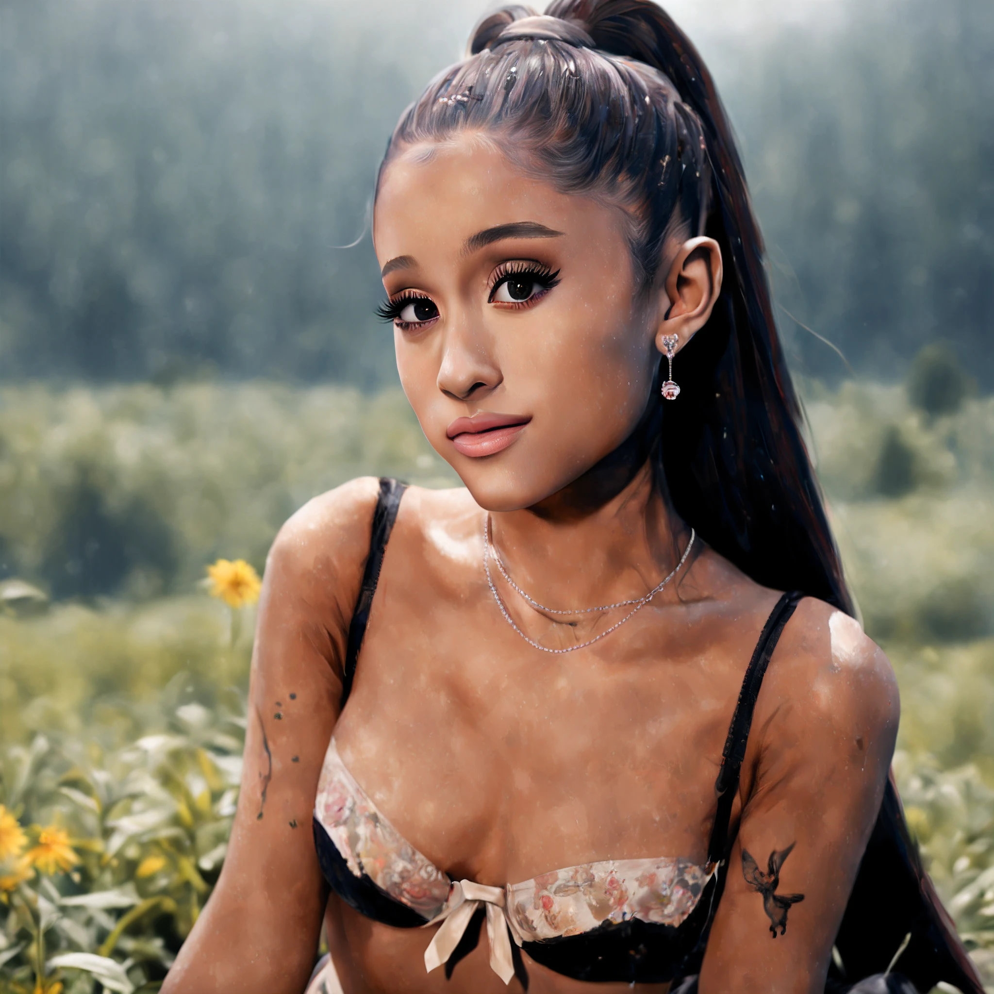 (masterpiece:1.1, Best Quality:1.1), (Photorealistic:1.3), (Bokeh), (High resolution, 32K HDR), (Wallpaper:1.2), (hyper derailed face:1.3, Ultra-realistic skin texture:1.3, Detailed eyes:1.15), (small tits), (Ultra-realistic photos of Ariana Grande:1.4), (She lives in an abandoned hut:1.3), (see through bra, Black stockings:1.3), exposed shaved armpits, (dark atmosphere:1.55), (doggy style)