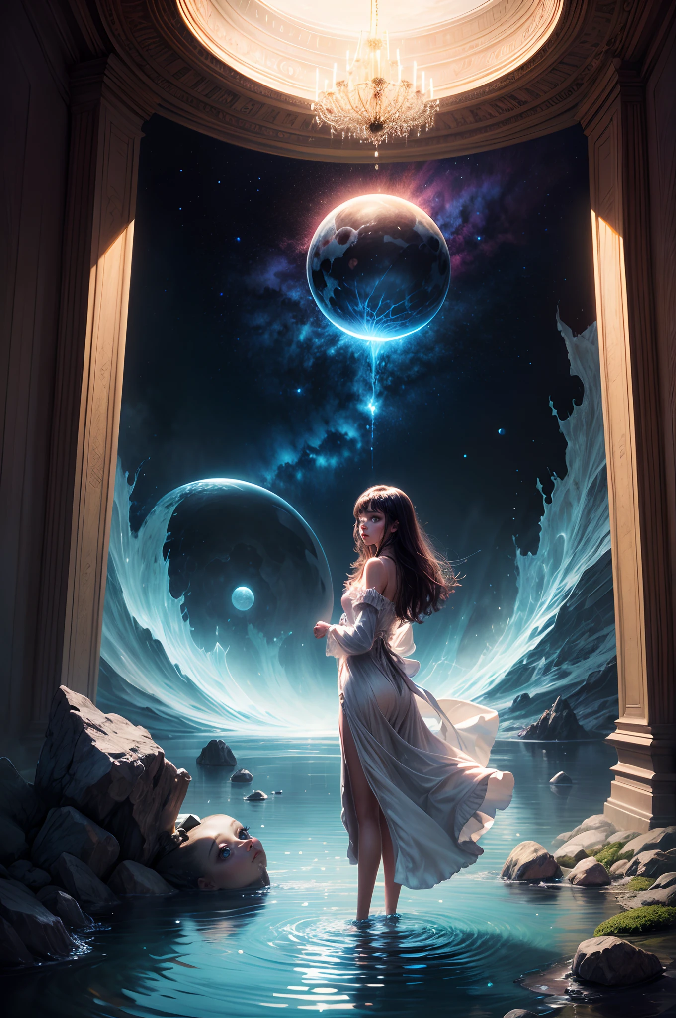 Painting: An enchanting artwork portraying a girl wearing silk, standing at the edge of a mystical pool, surrounded by swirling enchantments, with the distant planet casting an ethereal light upon her.