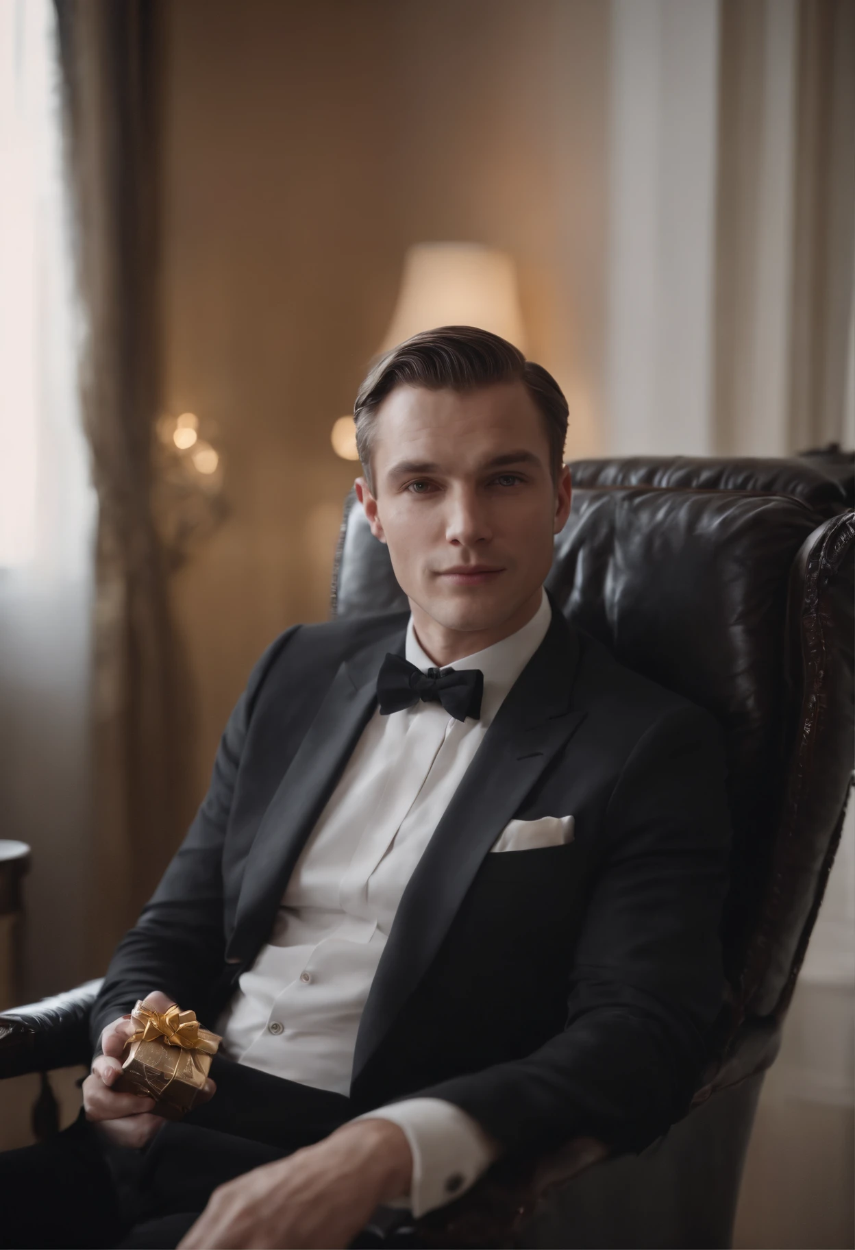 Portrait d'un homme noir riche assis sur une chaise avec un cadeau dans les mains.