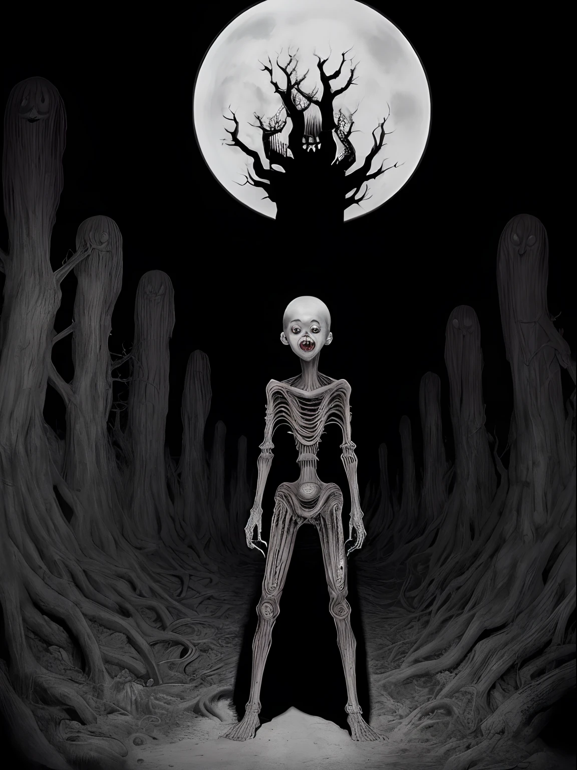 ((Junji Ito:1.5)), detailed black and white manga line art illustration of grotesque creepy girl, ((standing in street of warped surreal city)), ((warped surreal city in background)), ((full body shot)), dynamic pose, fractal art, scared, horrified, terrified, insane, creepy, unsettling, disturbing, body horror, (horror manga style), twisted, warped, psychological horror, grotesque, morbid, surreal, (inspired by H.R.Giger)