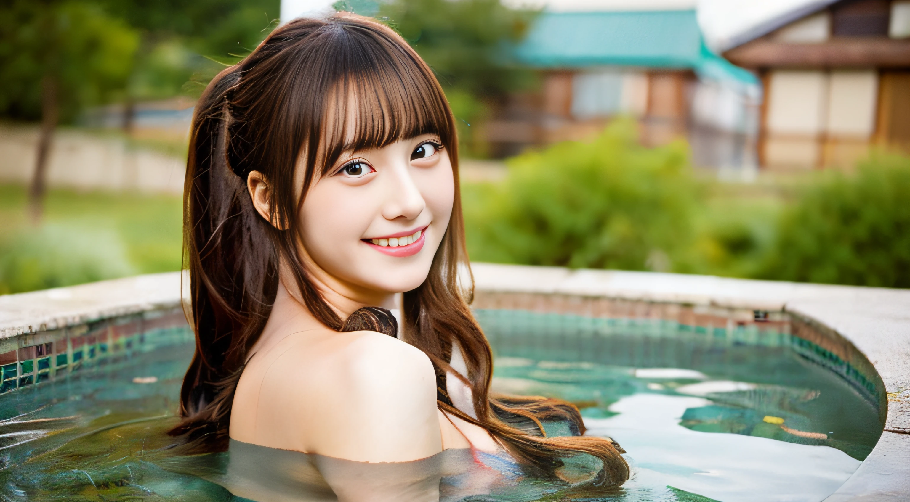 NSFW, Japan -yeld hischool girl alone in a large open-air bath、A smile、kawaii、length hair、Ponytail Hair、