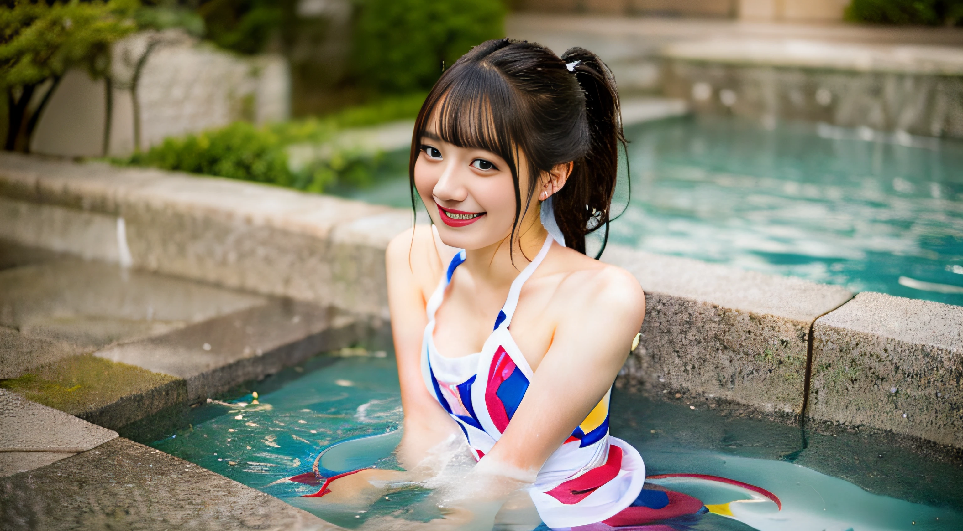 NSFW, Japan 16-year-old high school girl alone in a large open-air bath、A smile、kawaii、length hair、Ponytail Hair、