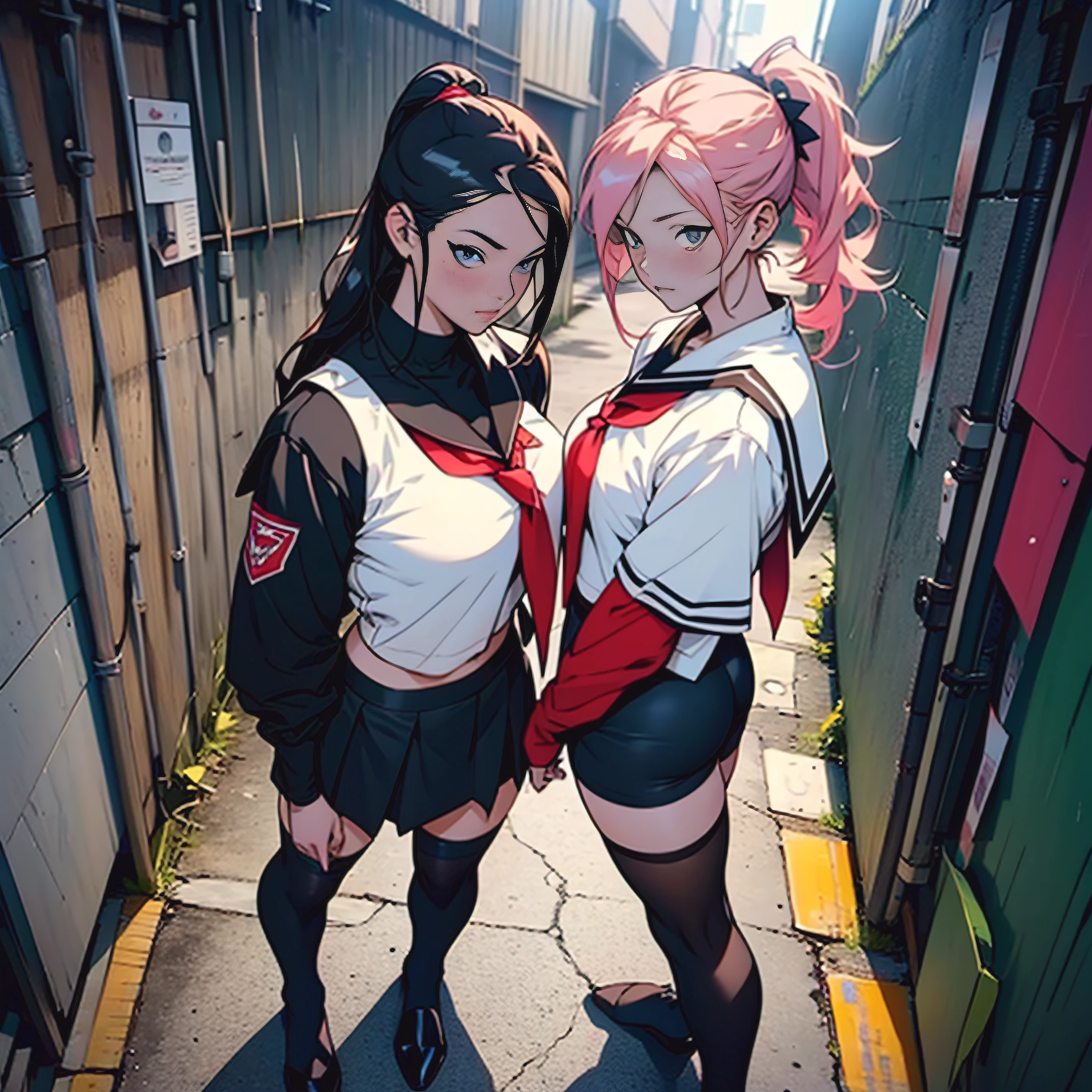 Anime image of two women in white shirts and red bow ties, Ecchi anime style, Ecchi style, two beautiful anime girls, visual novel cg, Ecchi, visual novel key visual, Anime Girls, Twin-tailed, ; visual novel, SFW version, visual novel, oppai, anime maids riding early tanks, ikki tousen, anime moe art style, (masutepiece), (Best Quality), (Official art, the Extremely Detailed CG Unity 8K Wallpapers), (Highly detailed), ((absurderes)), 1 girl at 25 years old, mid-shot, (Exquisite facial features),(serafuku:1.3) ,((Clear hands)), ((white thighhighs without shoes)),aqua eyes, Stars in the eyes, (((colorful bubble))), Colorful Glass, (album covers)、masterpiece, top-quality, hightquality, hight resolution、view from back、A 19-year-old girl in a tight black motorcycle suit、Stood in front of a group of male prisoners, Dark blue ponytail, Height 165 cm, Colossal tits, Buttock augmentation, Fitness Model, Shy and nervous look, Ruddy cheeks, Wheezing, Wearing sweat, The whole body is drenched, The prisoners stared at her, Fall into a dimly lit alley, It was raining heavily, of the highest quality, photorealisim, tmasterpiece, full body pov, View from above., 32K, Best Quality, masutepiece, Super Detail, high details ,