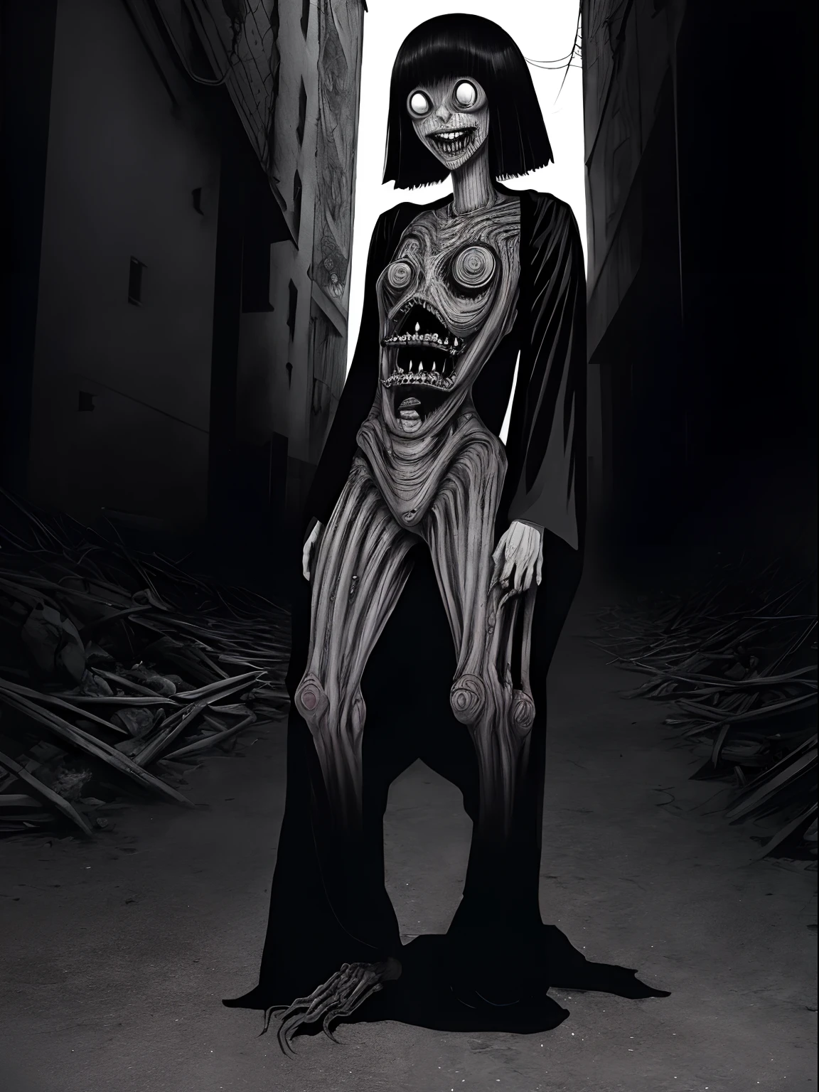 ((Junji Ito:1.5)), detailed black and white manga line art illustration of grotesque creepy girl, ((standing in street of warped surreal city)), ((warped surreal city in background)), ((full body shot)), dynamic pose, fractal art, scared, horrified, terrified, insane, creepy, unsettling, disturbing, body horror, (horror manga style), twisted, warped, psychological horror, grotesque, morbid, surreal, (inspired by H.R.Giger)