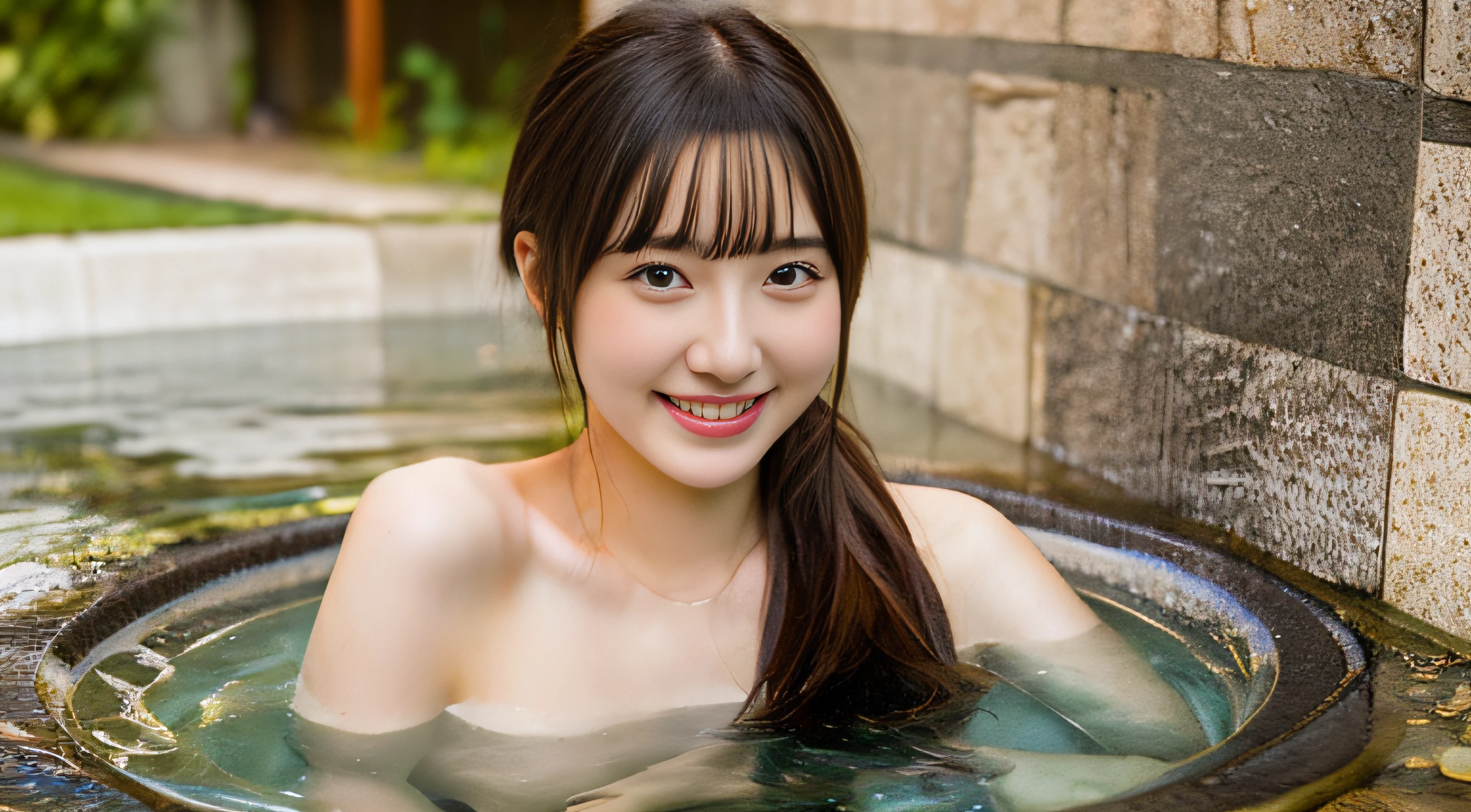 NSFW, Japan -yeld hischool girl alone in a large open-air bath、A smile、kawaii、length hair、Close-up hair、