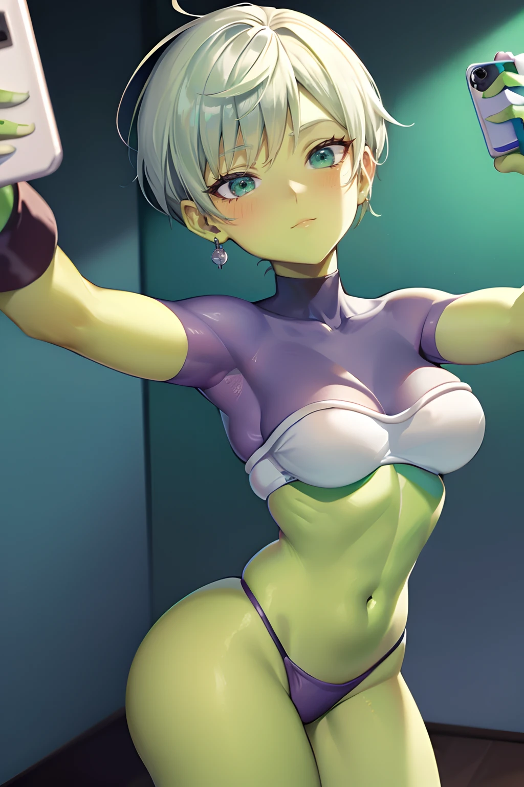 Mujer, (pechos grandes) ((mostrando los pechos)), cheelai, tomandose una selfie, ((flushed)) (skin green) (piel verde)