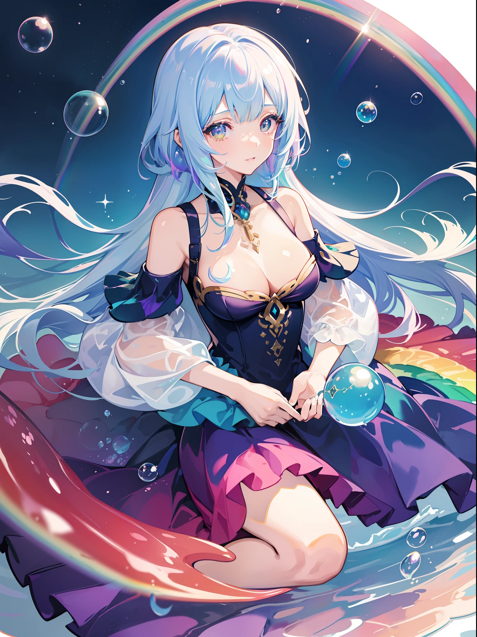 masutepiece, Best Quality, Intricate details, Beautiful Girl, Sparkling eyes, Otherworldly liquid fantasia background, watercolor paiting, bright vivid colors, capricious, Colorful, Layered Tiered Puffy Long Sleeve Ball Gown, ((iridescent rainbow bubbles))