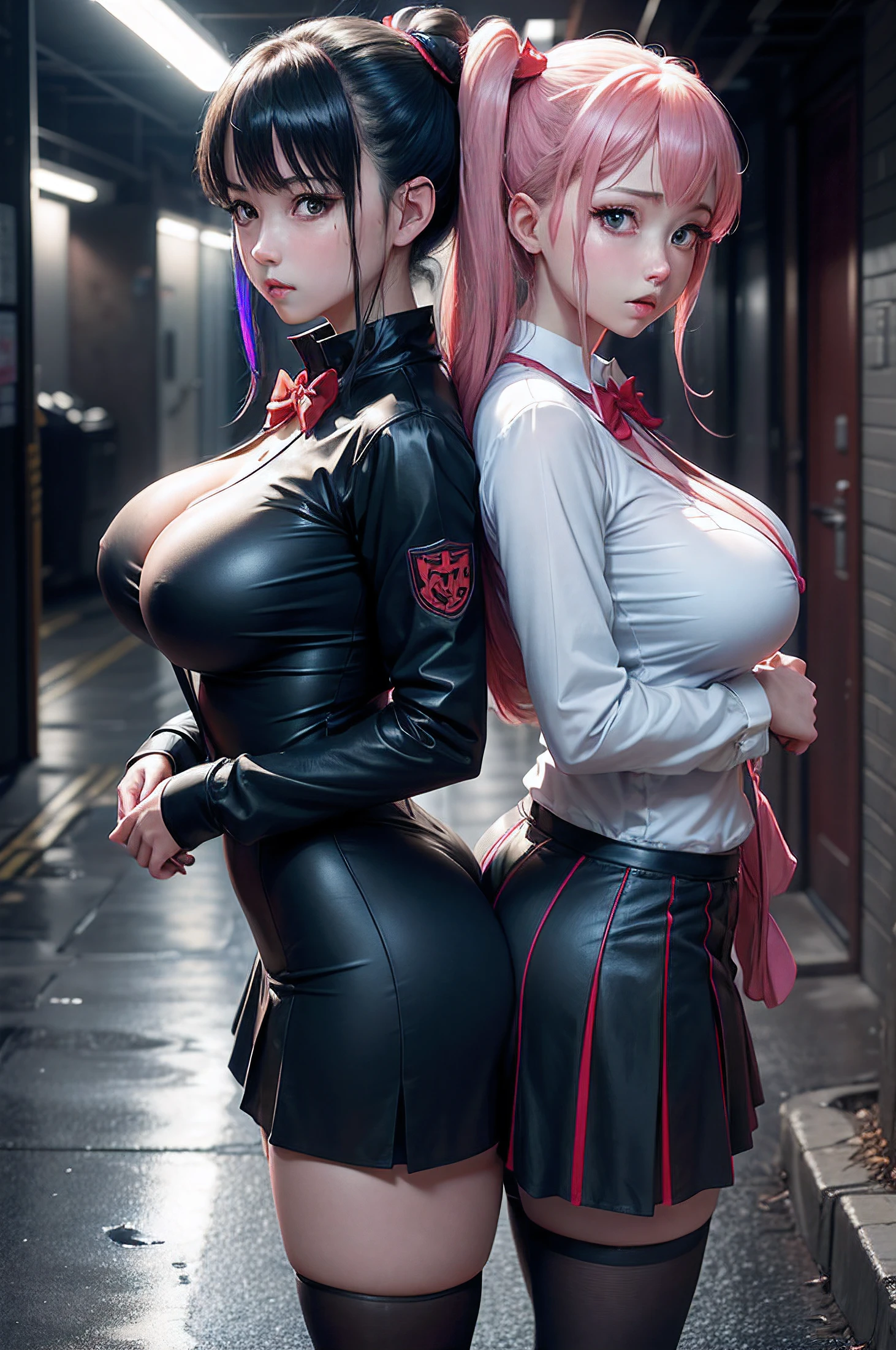 Anime image of two women in white shirts and red bow ties, Ecchi anime style, Ecchi style, two beautiful anime girls, visual novel cg, visual novel key visual, Anime Girls, Twin-tailed, ; visual novel, SFW version, visual novel, oppai, anime maids riding early tanks, ikki tousen, anime moe art style, (masutepiece), (Best Quality), (Official art, the Extremely Detailed CG Unity 8K Wallpapers), (Highly detailed), ((absurderes)), 1 girl at 25 years old, mid-shot, (Exquisite facial features),(serafuku:1.3) ,((Clear hands)), ((white thighhighs without shoes)),aqua eyes, Stars in the eyes, (((colorful bubble))), Colorful Glass, (album covers)、masterpiece, top-quality, hightquality, hight resolution、view from back、19 year old girl in tight black motorcycle suit、Standing in front of a group of male prisoners, Dark blue ponytail, Height 165 cm, Colossal tits, Buttock augmentation, Fitness Model, Shy and nervous look, Ruddy cheeks, Wheezing, Wearing sweat, The whole body is drenched, The prisoners stared at her, Fall into a dimly lit alley, It was raining heavily, of the highest quality, photorealisim, tmasterpiece, full body pov, View from above., 32K, Best Quality, masutepiece, Super Detail, high details ,
