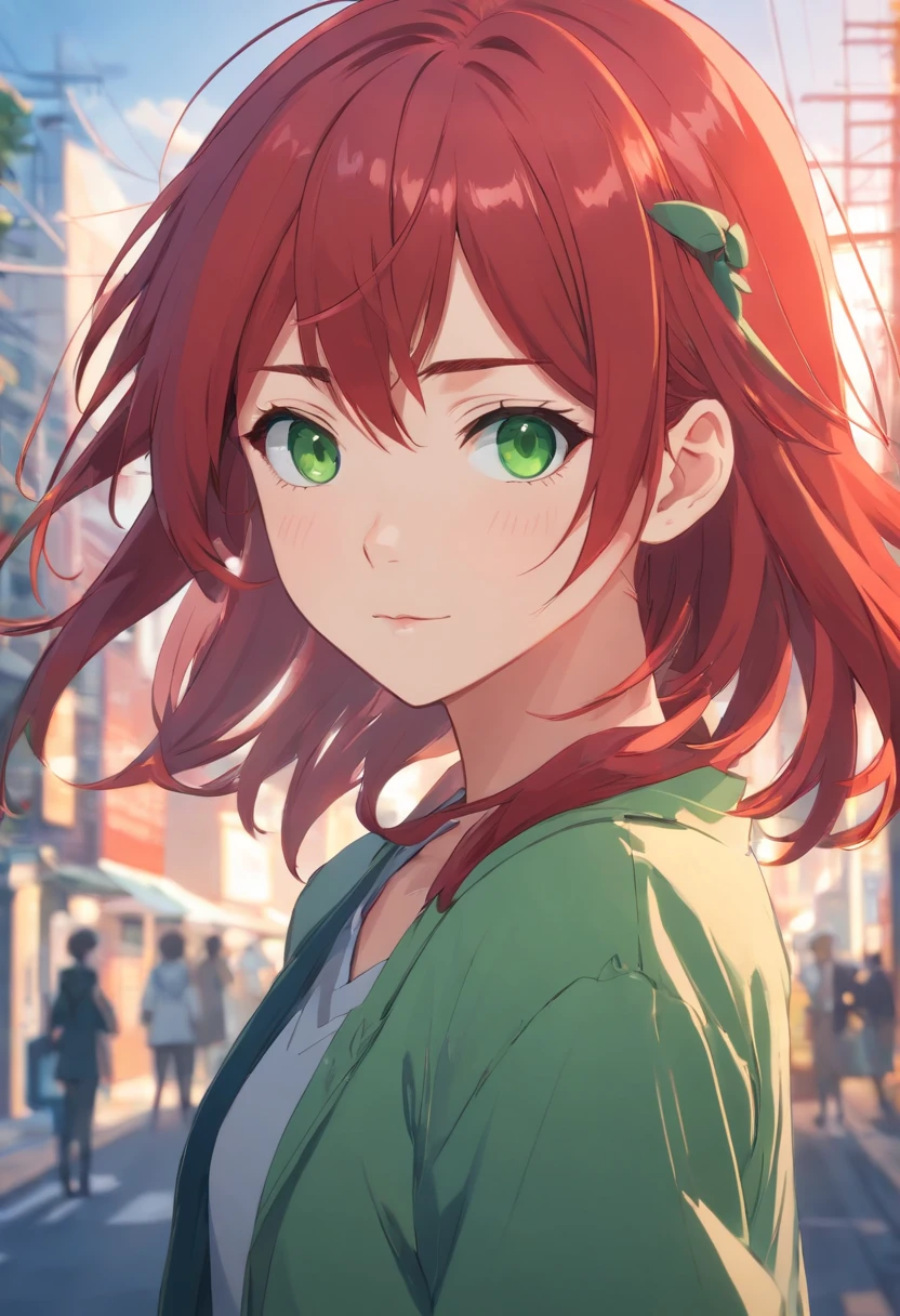 one animegirl red hair and green eyes
