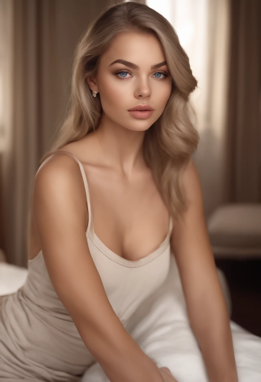 photo of young and beautiful woman, blonde hair that falls gently in waves up to the shoulders, average height, big grey eyes, fair skin, she's in her pyjamas, she's in her bed, doing skin care before bed, she's makes a inviting gesture, The environment is illuminated with lights of warm and pleasant colors making your hair shine, your face is naturally serene, lips with red lipstick, Texture 8K, highly detailed, realistic, soft Cinematic Light, HDR, sharp fokus, masterpiece, photorealistic, photography award-winning, Canon EOS R5, 35mm