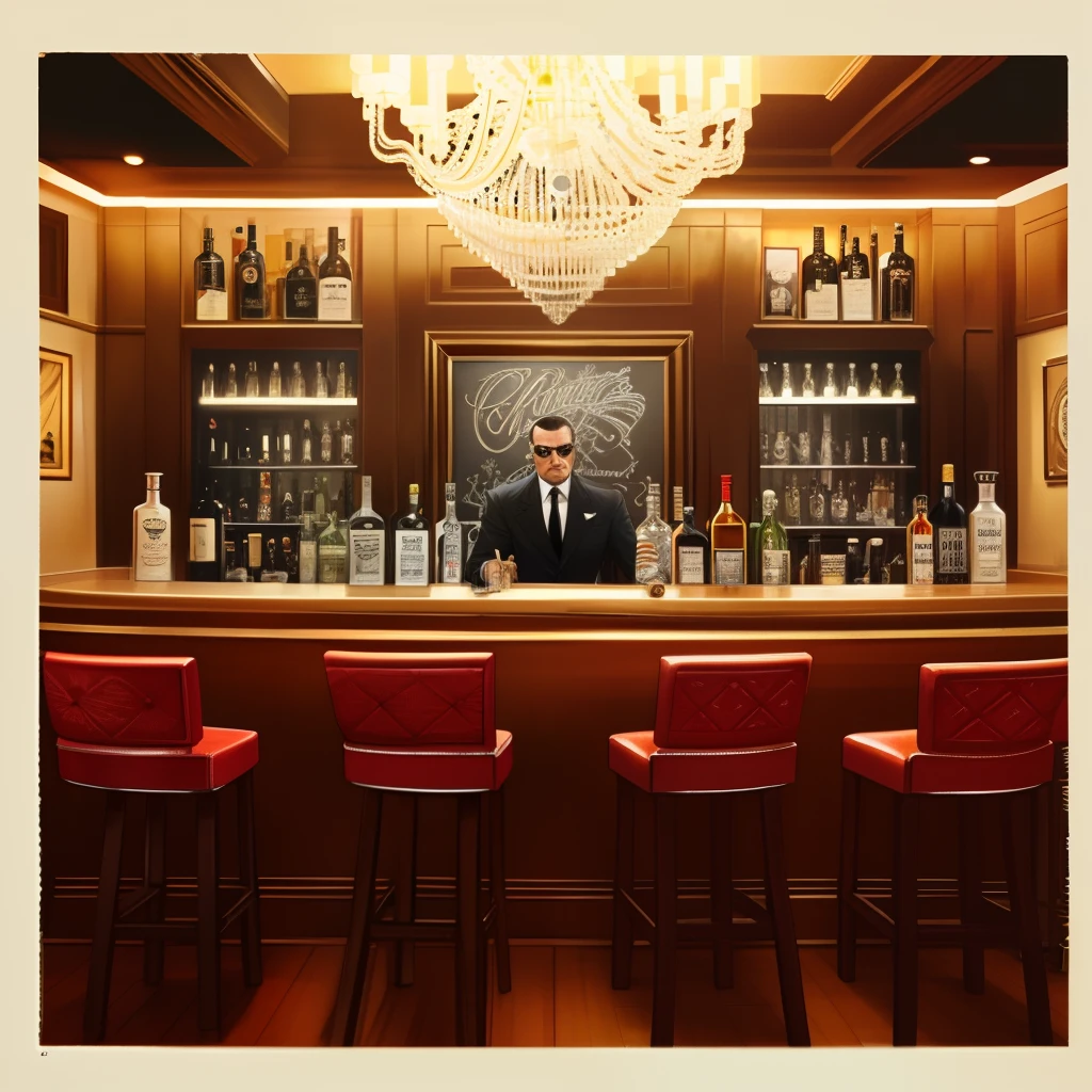 /imagine prompt: color photo of a dimly lit, upscale speakeasy or private underground club,
rich, dark wood paneling adorning the walls,
vintage artwork hanging, adding an air of nostalgia,
ornate chandeliers casting a warm, inviting glow,
plush leather chairs and low cocktail tables scattered throughout,
members of the mafia and associates engaged in conversation,
a large, polished wooden bar with shelves lined with top-shelf liquors,
a skilled bartender in a sharp suit serving drinks,
an atmosphere of secrecy, exclusivity, danger, and sophistication,
camera settings: Leica M10, Ilford Delta 3200 film, 50mm lens,
directors: Martin Scorsese, cinematographers: Robert Richardson, photographers: Slim Aarons, fashion designers: Tom Ford, Giorgio Armani —c 10 —ar 2:3