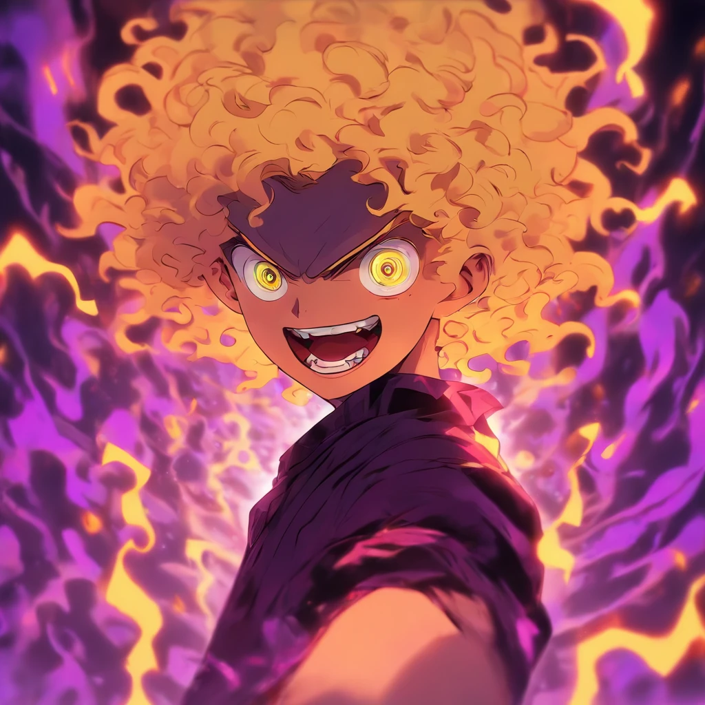 (arte da silhueta,Recortes:1.1)) Um garoto ((cabelo cacheado)) ((loiro)), em roupas largas e street style ((roupas urbanas)), Blond boy is crouched in a dark room (pessoas pobres) And all around you are grotesque demons (Chifres do diabo:1.2) ((Camera focus on curly blond boy)), atmosfera de terror, dia das bruxas, macabro, darkeness, (Halloween Roxo e Amarelo) Fundo de vidro texturizado, roxo