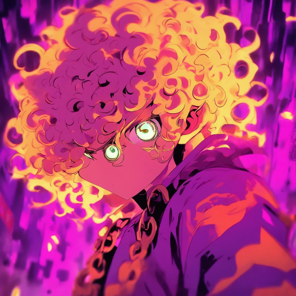 (arte da silhueta,Recortes:1.1)) Um garoto ((cabelo cacheado)) ((loiro)), em roupas largas e street style ((roupas urbanas)), Blond boy is crouched in a dark room (pessoas pobres) And all around you are grotesque demons (Chifres do diabo:1.2) ((Camera focus on curly blond boy)), atmosfera de terror, dia das bruxas, macabro, darkeness, (Halloween Roxo e Amarelo) Fundo de vidro texturizado, roxo