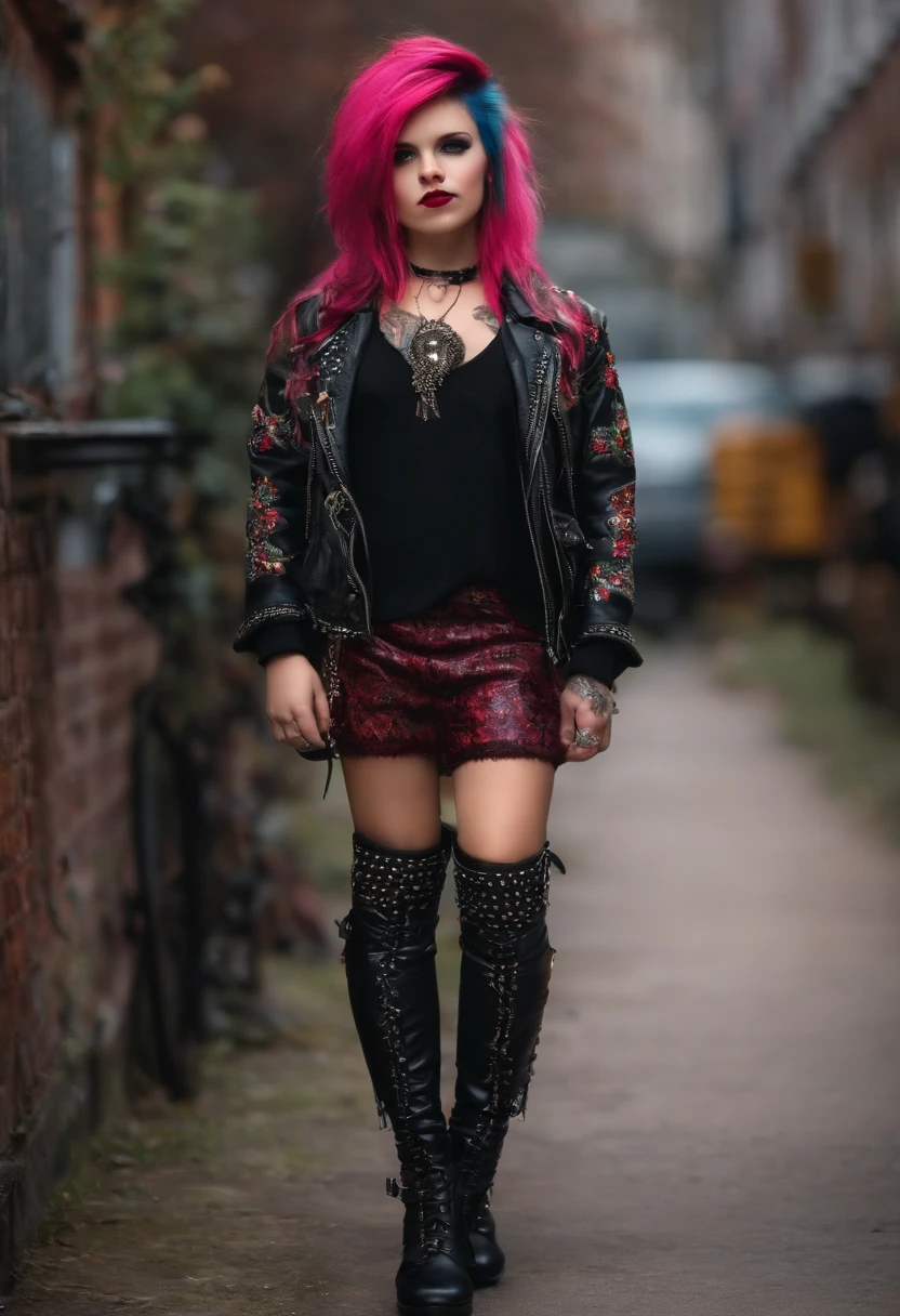 ultrarealistic high quality photo of a beautiful young busty european goth woman with cute face and brunette with dyed pink-white streaks long messy bob and beautiful smile, round steel-blue eyes, homecoming queen outfit, full body outdoor photography