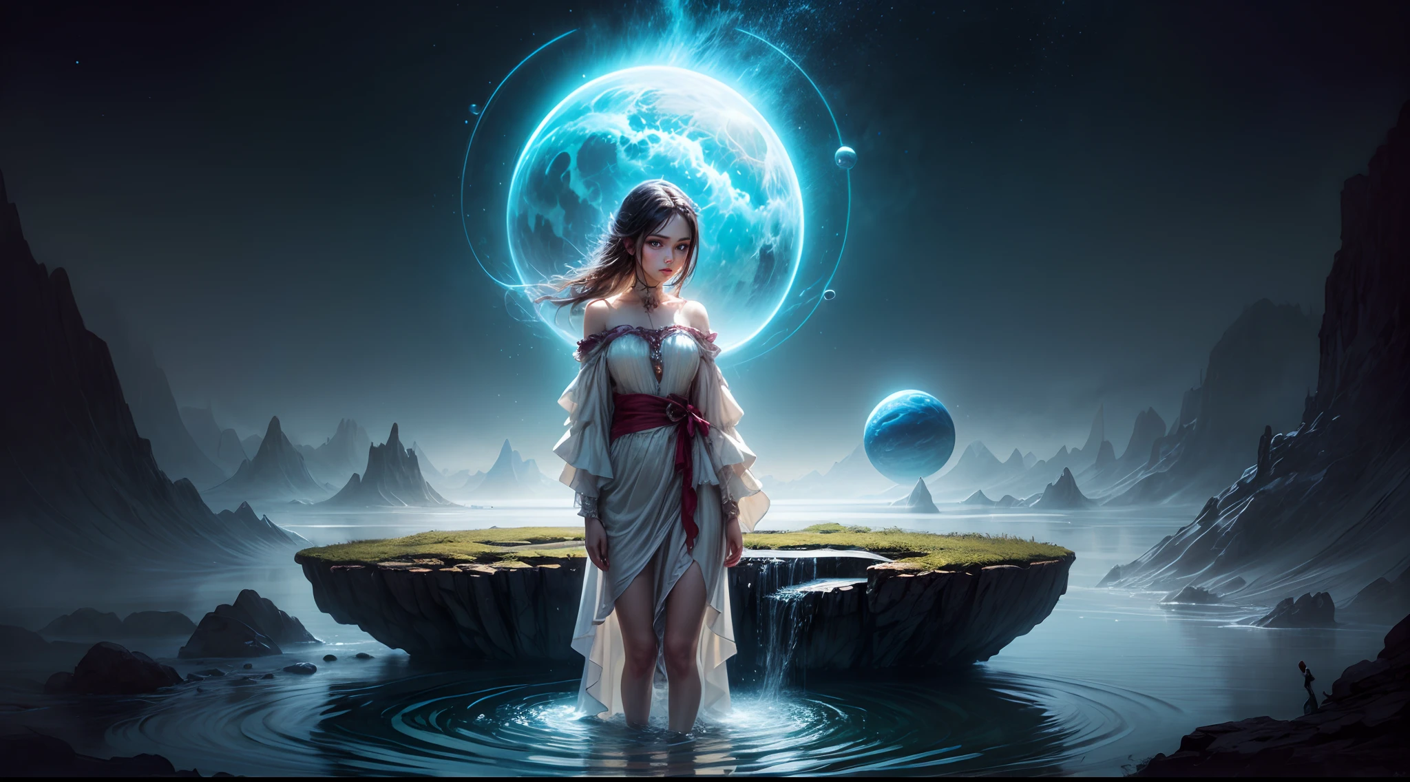 Painting: An enchanting artwork portraying a girl wearing silk, standing at the edge of a mystical pool, surrounded by swirling enchantments, with the distant planet casting an ethereal light upon her.