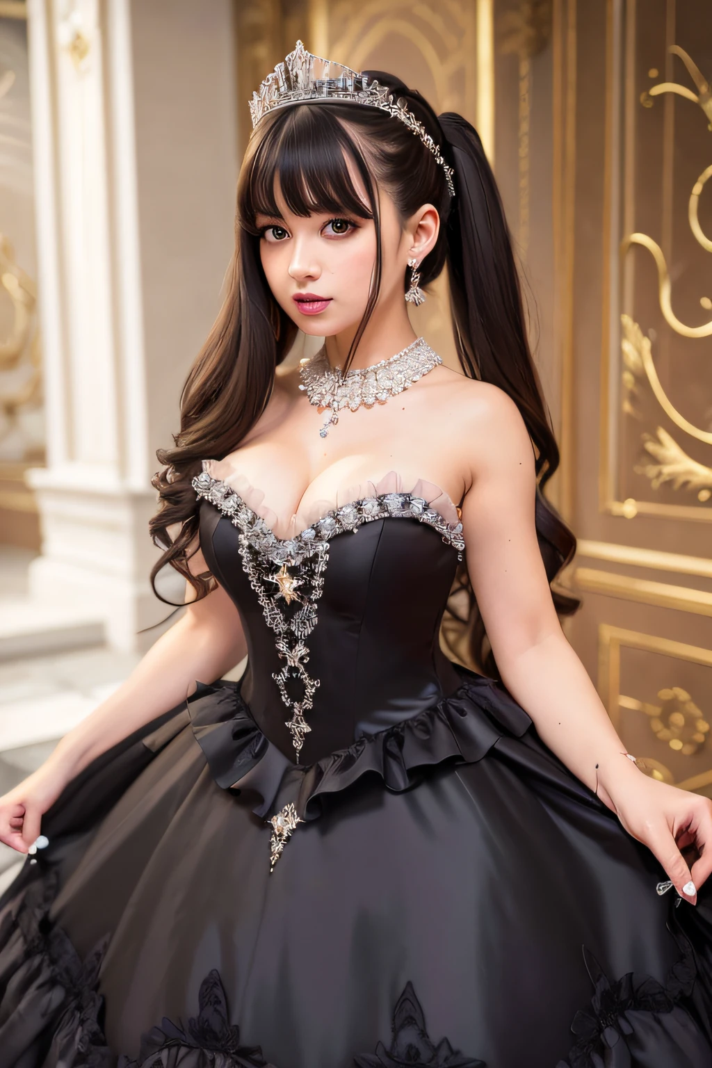 Dramatic composition, court-style dresses, royal, gorgeous, cascading frills, ruffles, bows, crystal chandeliers, Roman curly hairstyles, ponet, double ponytails like drills, look at the camera, bangs, maximalism, palatial background, delicate portrayal of hair and eyes, princess dresses, gorgeous skirts, flowers in hand, smiles, starry eyes, cinematic light, extreme detail, high definition, happy girl, very long hair, diamonds, broken diamonds, crystal fragments, light particles, huge bust! her breasts are straining the fabric of her top