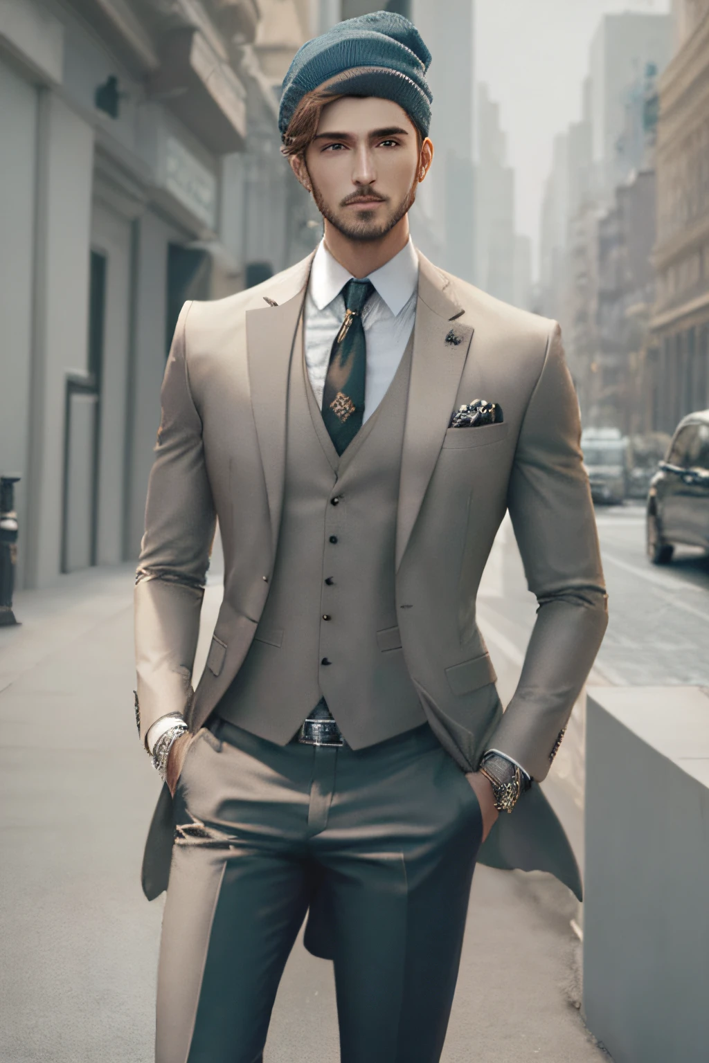 oto detallada de un hombre elegante a 30 metros, detalles ropa: traje elegante con doble botonera de estilo moderno y colores tierra, pantalones en colores a juego, con sombrero elegante con un toque original