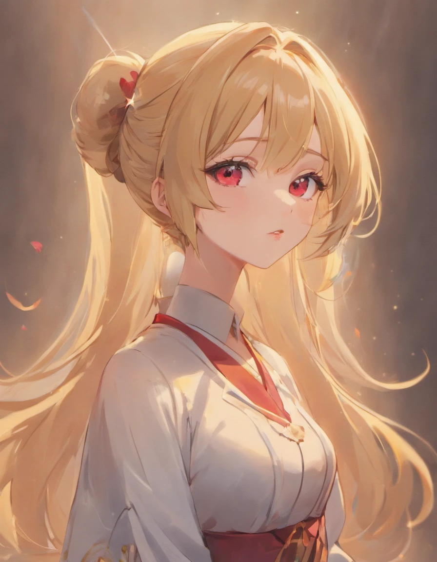 Incomparable masterpiece, ultra-realistic 8k CG, perfect artwork, ((perfect female image)), mature woman, slender waist, seductive, clean, beautiful face, {extremely delicate and beautiful girl} , 8k wallpaper, {{{Masterpiece}} }, 1girl, blonde hair, blue eyes, ponytail, police uniform, jewelry, lips, lipstick, long hair, look spectator, makeup, lips, red lips, simple background, solo, upper body, (shiny skin),
