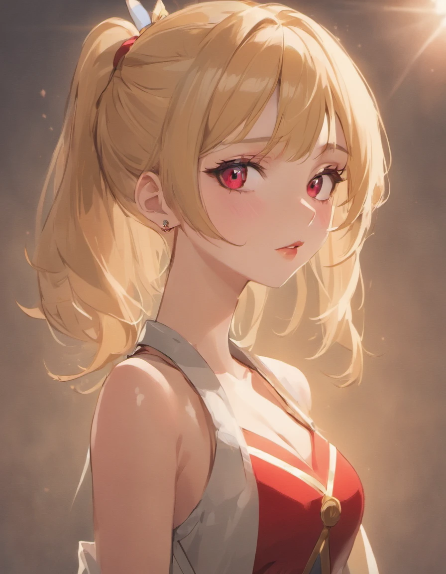 Incomparable masterpiece, ultra-realistic 8k CG, perfect artwork, ((perfect female image)), mature woman, slender waist, seductive, clean, beautiful face, {extremely delicate and beautiful girl} , 8k wallpaper, {{{Masterpiece}} }, 1girl, blonde hair, blue eyes, ponytail, police uniform, jewelry, lips, lipstick, long hair, look spectator, makeup, lips, red lips, simple background, solo, upper body, (shiny skin),