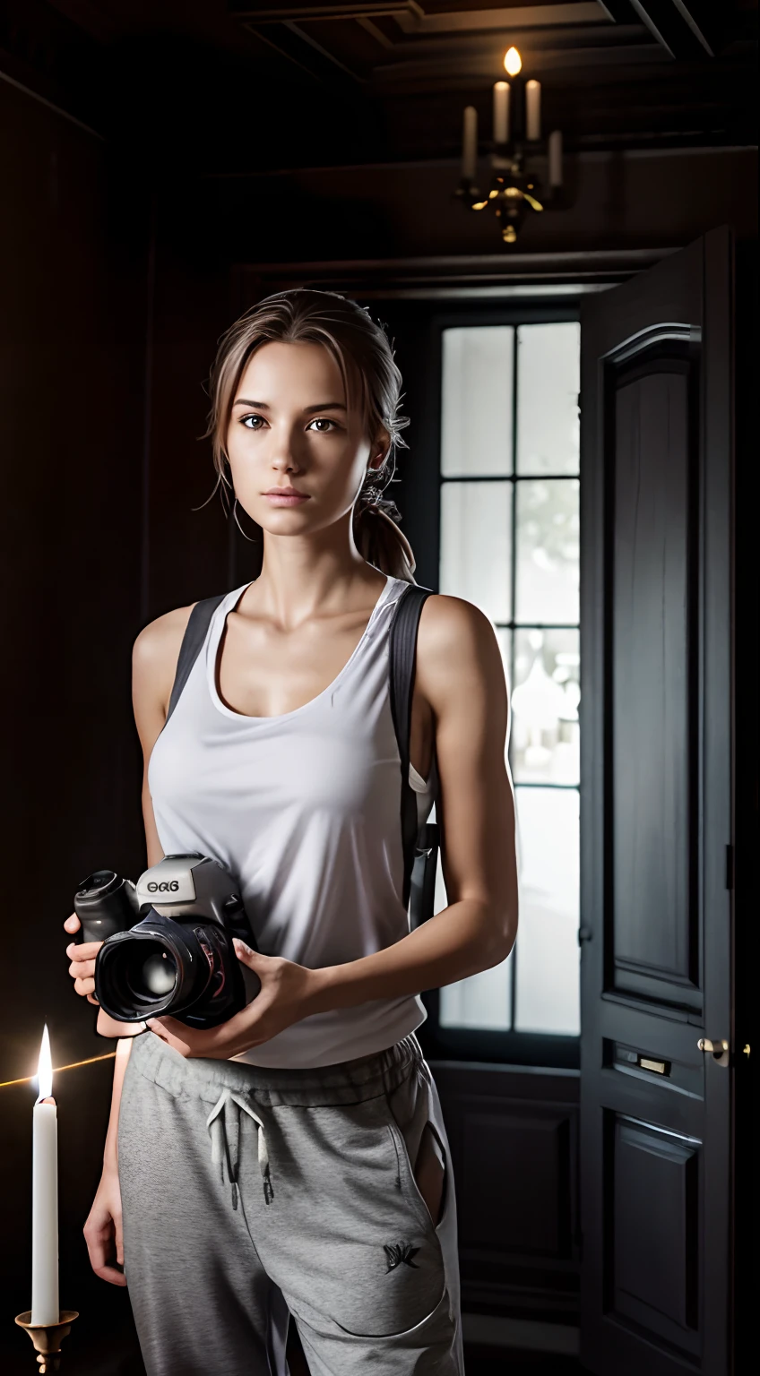 Photorealistic, final render, real, realistic, a young female photographer, in white tank-top, grey jogging bottoms, rucksack, holding a DSLR camera with a 400 mm lens, in a haunted mansion, horror, dark, dim, candles