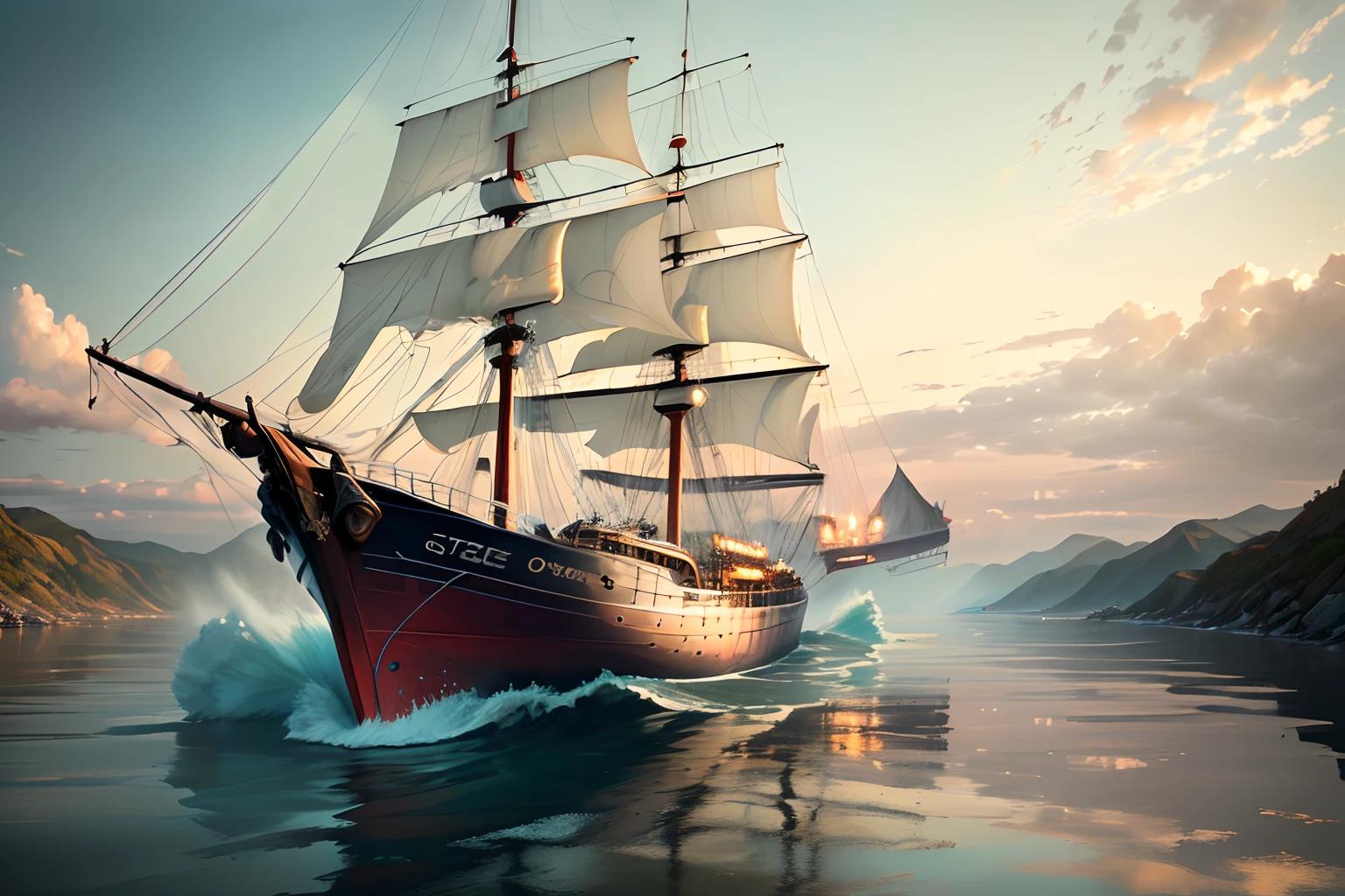 The boat sails alone, driven by the current.