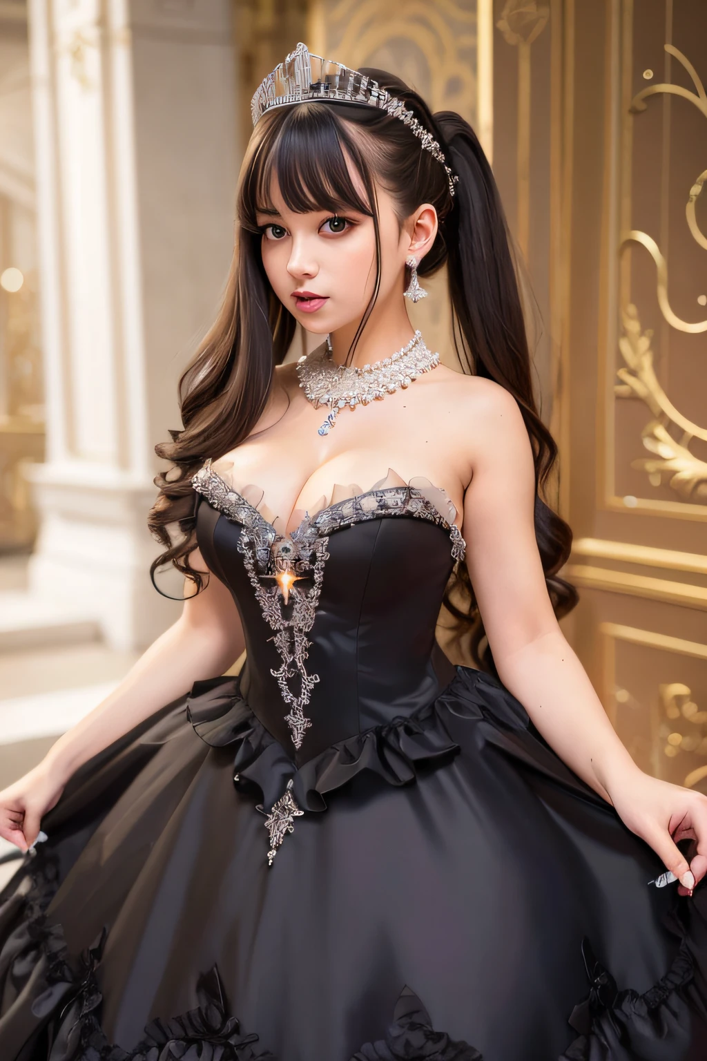 Dramatic composition, court-style dresses, royal, gorgeous, cascading frills, ruffles, bows, crystal chandeliers, Roman curly hairstyles, ponet, double ponytails like drills, look at the camera, bangs, maximalism, palatial background, delicate portrayal of hair and eyes, princess dresses, gorgeous skirts, flowers in hand, smiles, starry eyes, cinematic light, extreme detail, high definition, happy girl, very long hair, diamonds, broken diamonds, crystal fragments, light particles, huge bust! her breasts are straining the fabric of her top, massive bust!!!