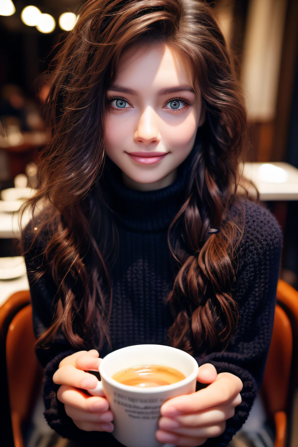 Medium distance photo of shy woman with curly hair, radiant brown eyes, perfect face and eyes, Soft portrait photographed in 8K, Medium distance photo of perfect face, portrait of Sophie Mudd with stunning brown eyes, Beautiful face portrait, girl with brown eyes, perfect face), medium distance portrait showing full face and hair, beautiful portrait image, Wearing black turtleneck t-shirt, jeans, with brown eyes, Full image, Irish coffee background, very blurred, with only highlights and indistinct shadows, Full image