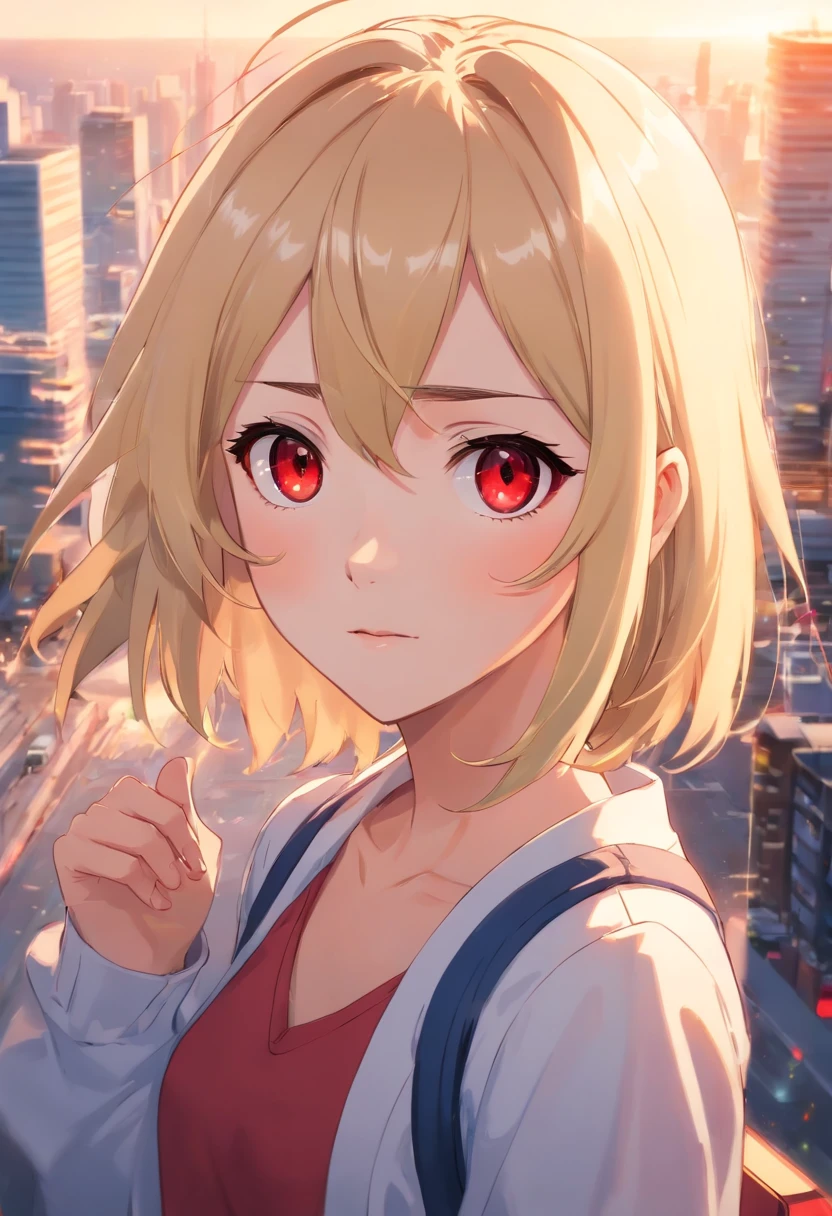 One anime girl, blonde hair, red eyes