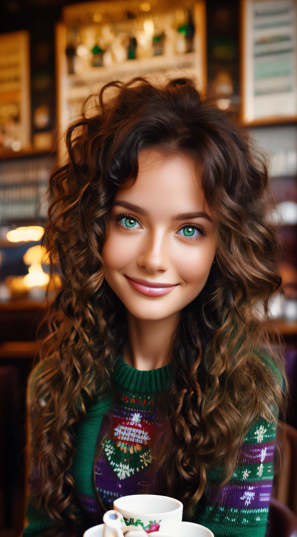 Ultra-realistic color photographic portrait taken by professional photographer of a beautiful Brazilian woman, curly brown hair with Christmas hat, brown eyes, green and purple tones, frontal photo, 24 year old girl, sitting in Ireland cafe, holding a cup of tea, wearing Christmas pullover. The photo is sharp and detailed, with high contrast. girl, her entire face and hair showing in the image. Eyes directly into the lenses with a happy, kind and captivating expression. blurred