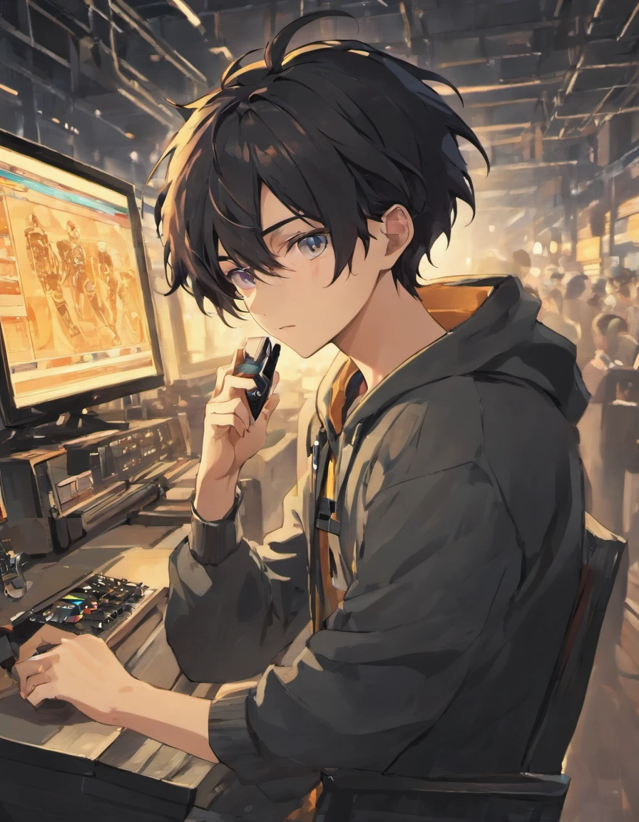 Absurd resolution, high resolution, (masterpiece: 1.4), hyper-detail, young man's messy short black hair, welder dressed up, answering the phone (1.2), happy expression, factory high-tech workbench, tech-sense screen