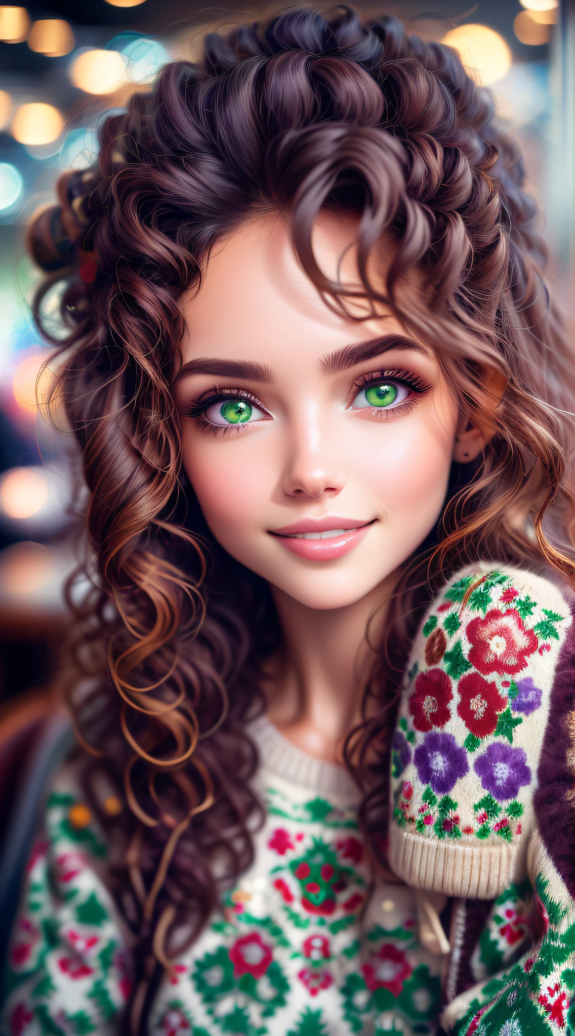 Ultra-realistic color photographic portrait taken by professional photographer of a beautiful Brazilian woman, curly brown hair with Christmas hat, brown eyes, green and purple tones, frontal photo, 24 year old girl, sitting in Ireland cafe, holding a cup of tea, wearing Christmas pullover. The photo is sharp and detailed, with high contrast. girl, her entire face and hair showing in the image. Eyes directly into the lenses with a happy, kind and captivating expression. blurred