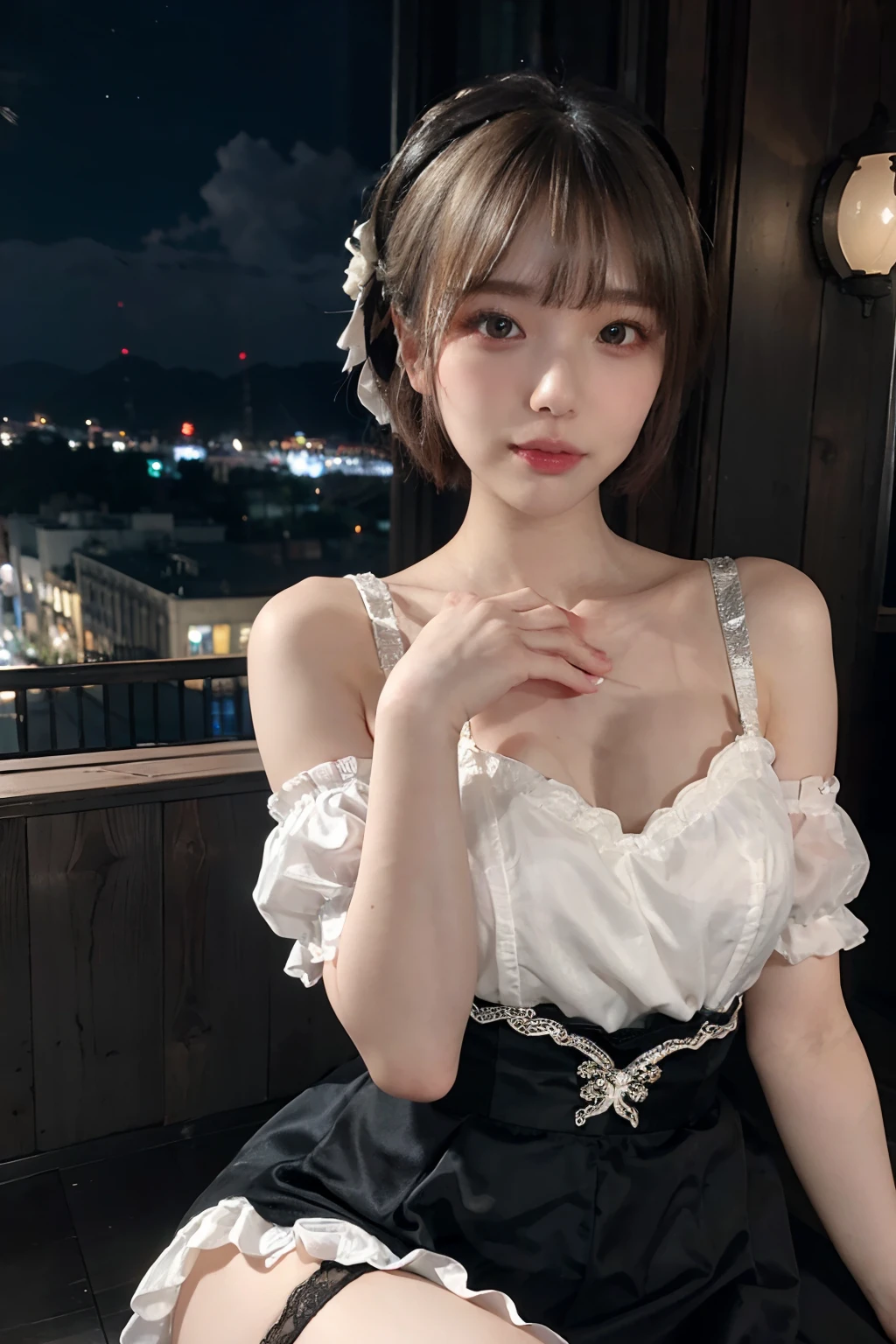 ((masutepiece)), ((Best Quality)), (Ultra-detailed), ((Extremely detailed)), 4K, (8K), Best Quality, (Beautiful), Dynamic Angle, Hospital, Night, Cute  girl s, 1girl in, Solo, gothic lolita costume, Beautiful silver hair 0, ((Beautiful eyes)), Short hair, Garter Belt, Cool