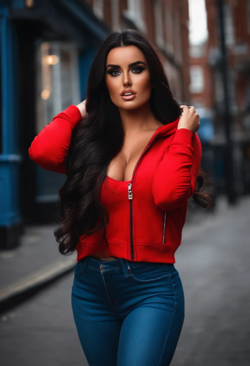 abigail ratchford, blue jeans, red hoodie. Walking down a street of London