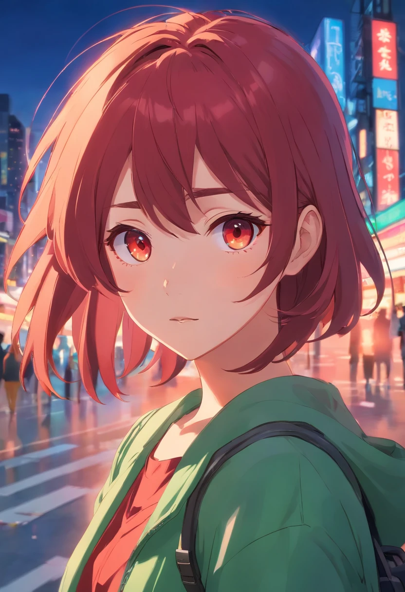 Una chica anime, cabello rojo y ojos verdes
