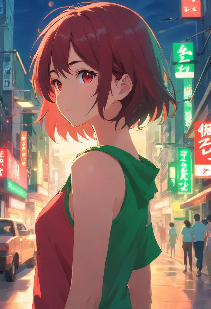 Una chica anime, cabello rojo y ojos verdes