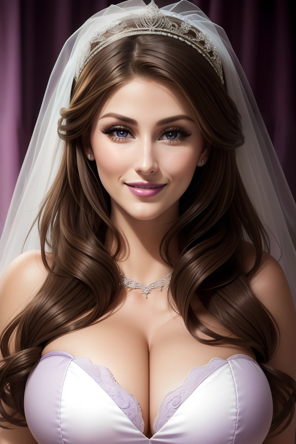 lucy pinder, face portrait, smiling, purple lipstick, bride