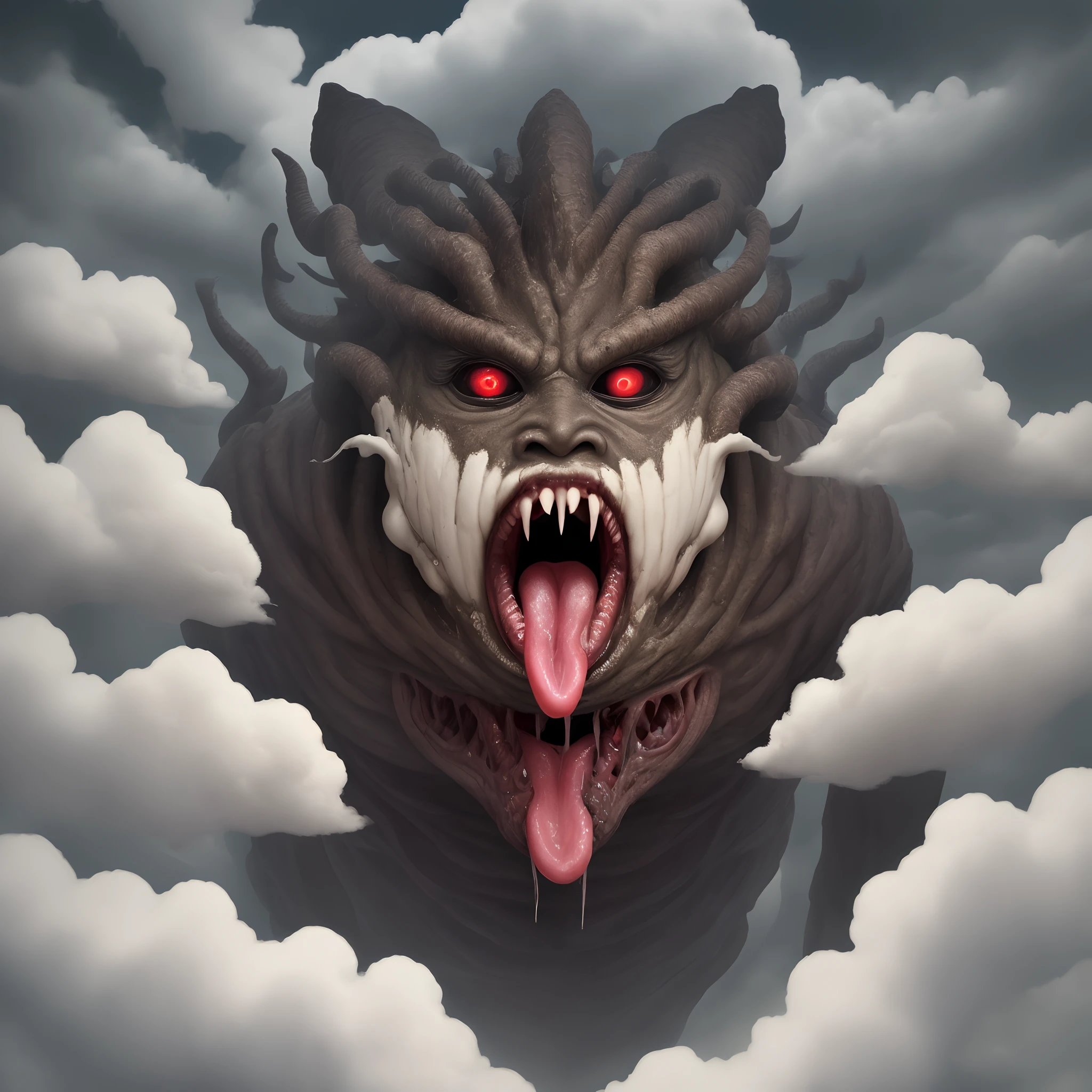 The Sulfur God is a grotesque entity, a nightmarish sight to behold. Its form is a writhing mass of agony, devoid of limbs. Instead of arms or legs, its body contorts into an amorphous, sulfurous cloud. Its eyes, wide with eternal torment, are the only recognizable features on its face. Strangely, a long, sinewy tongue protrudes from each eye socket, with no mouth to be found. These tongues hang limply, adding to the unsettling visage of this otherworldly being.