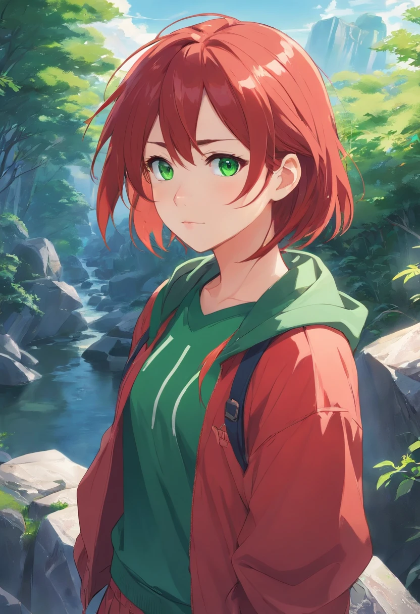 1girl, green eyes, red hair, rock clothes