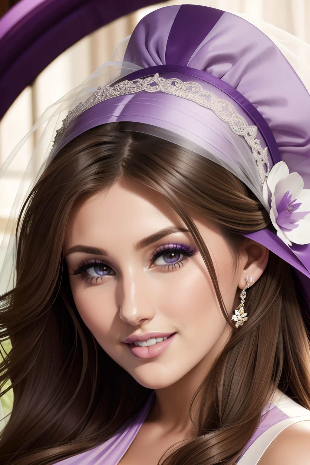 lucy pinder, face portrait, smiling, purple lipstick, bride