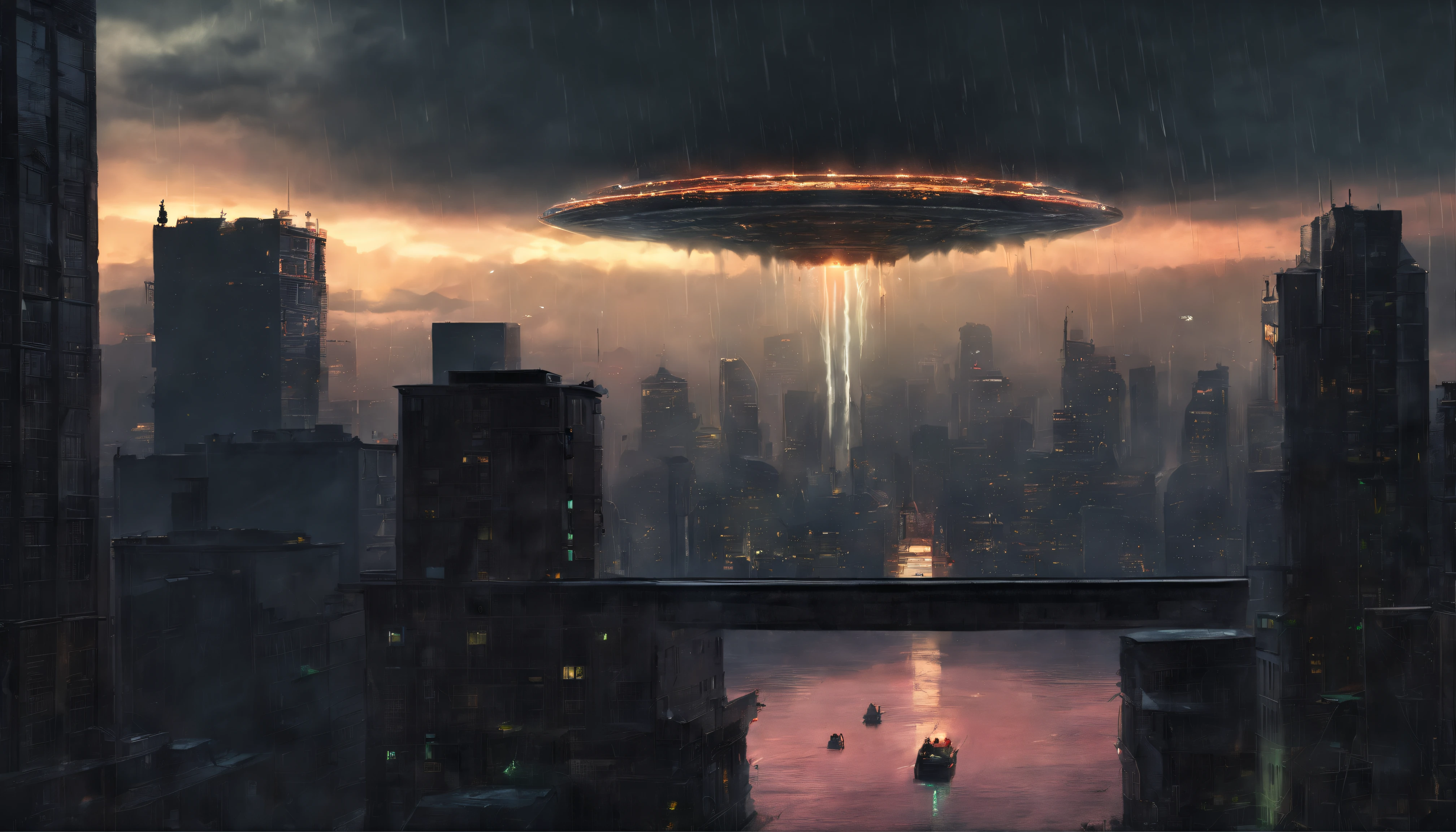 Generate a photo-realistic masterpiece capturing the arrival of an alien mothership during a thunderstorm over a metropolitan skyline at night. Utilize dynamic weather conditions, dramatic lighting, and mood, inspired by the photography style of Gregory Crewdson.