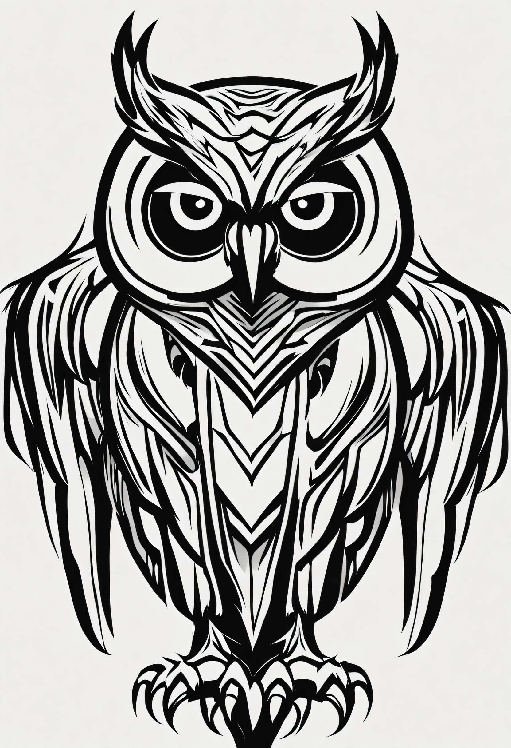 Create a dynamic tribal-inspired sports logo featuring an owl monster mascot. The logo should have a fierce and bold appearance, with the owl's face in the center. Use a vector art style, keep it simple with a predominantly black design against a white background, and ensure the owl is facing forward to evoke a sense of determination and strength.