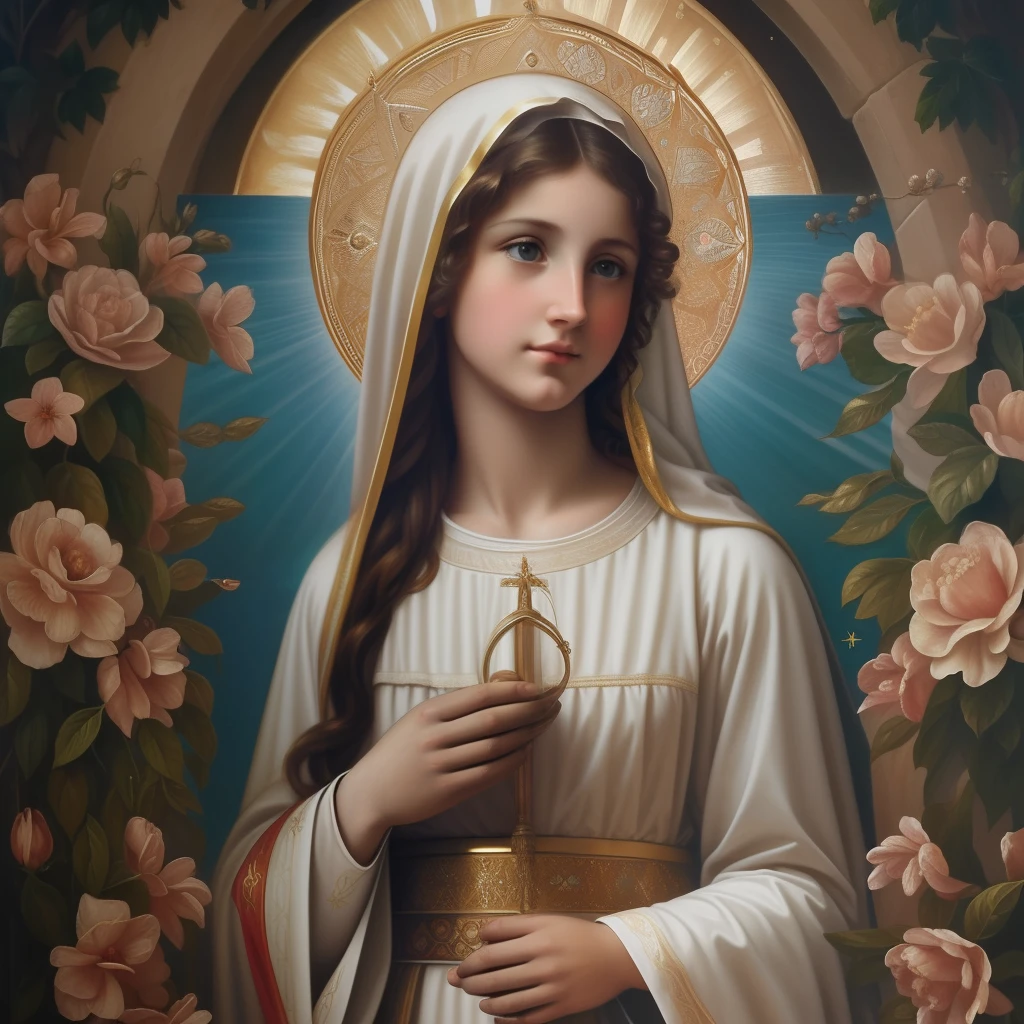 (((Blessed Virgin Mary of Mount Carmel))) Luminoso, en estilo similar al del artista WILLIAM ADOLPHE BOUGUEREAU, obra maestra, (La mejor calidad: 1.2), (super fine: 1.2), illustration, (extremadamente delicado y hermoso: 1.2), movie angle, flotante, (Hermoso ojo de detalle: 1.1), (detalle luz: 1.1), Movie Lights, Cielo delicado, ojos azules, (Cola de caballo alta: 1.1), capa, ojuelos, cielo estrellado, (light particles: 1.1) dibujo, flor. (obra maestra), (La mejor calidad), (fotorrealista:1.3), 8k, Textura detallada de la piel, Textura detallada de la tela, hermosa cara detallada, Detalles intrincados, ultra detallado (cuerpo de cuerpo entero:1.2)